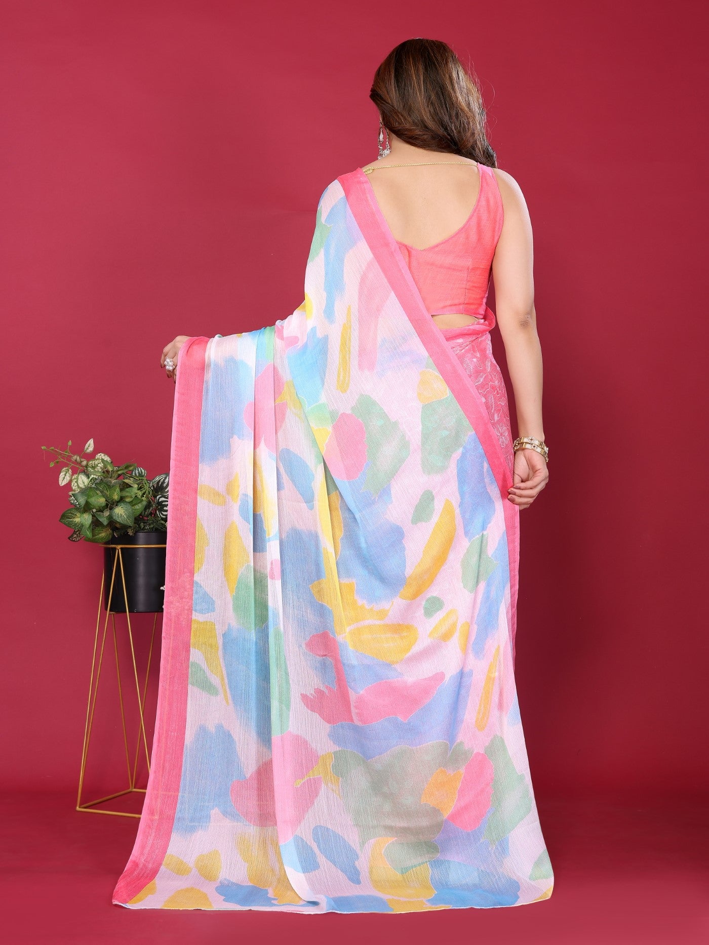 Pink Moss Chiffon Saree With Elegant Printed Design