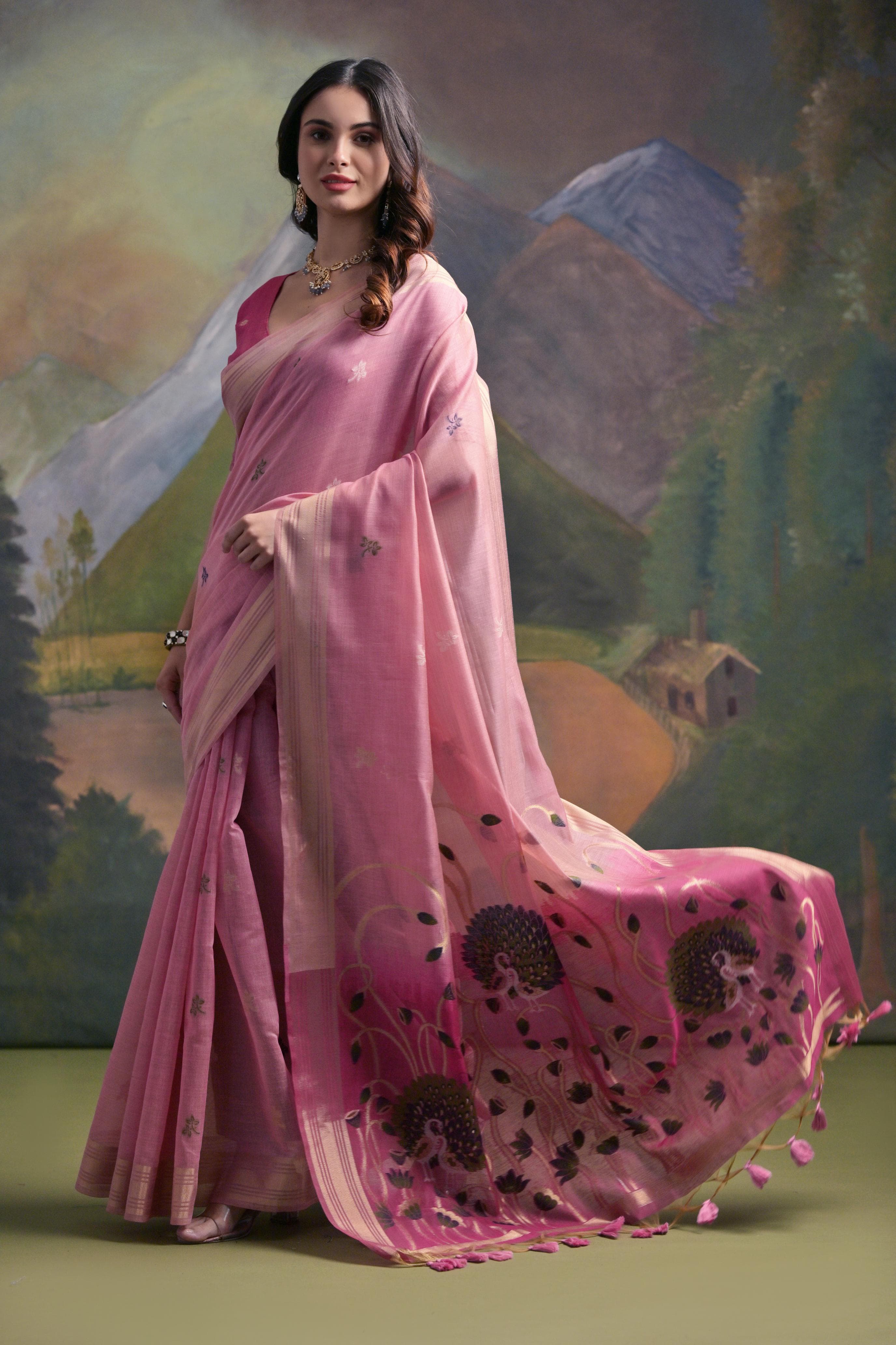 Pink Muga Cotton Saree with Peacock Pallu and Butti Weaves