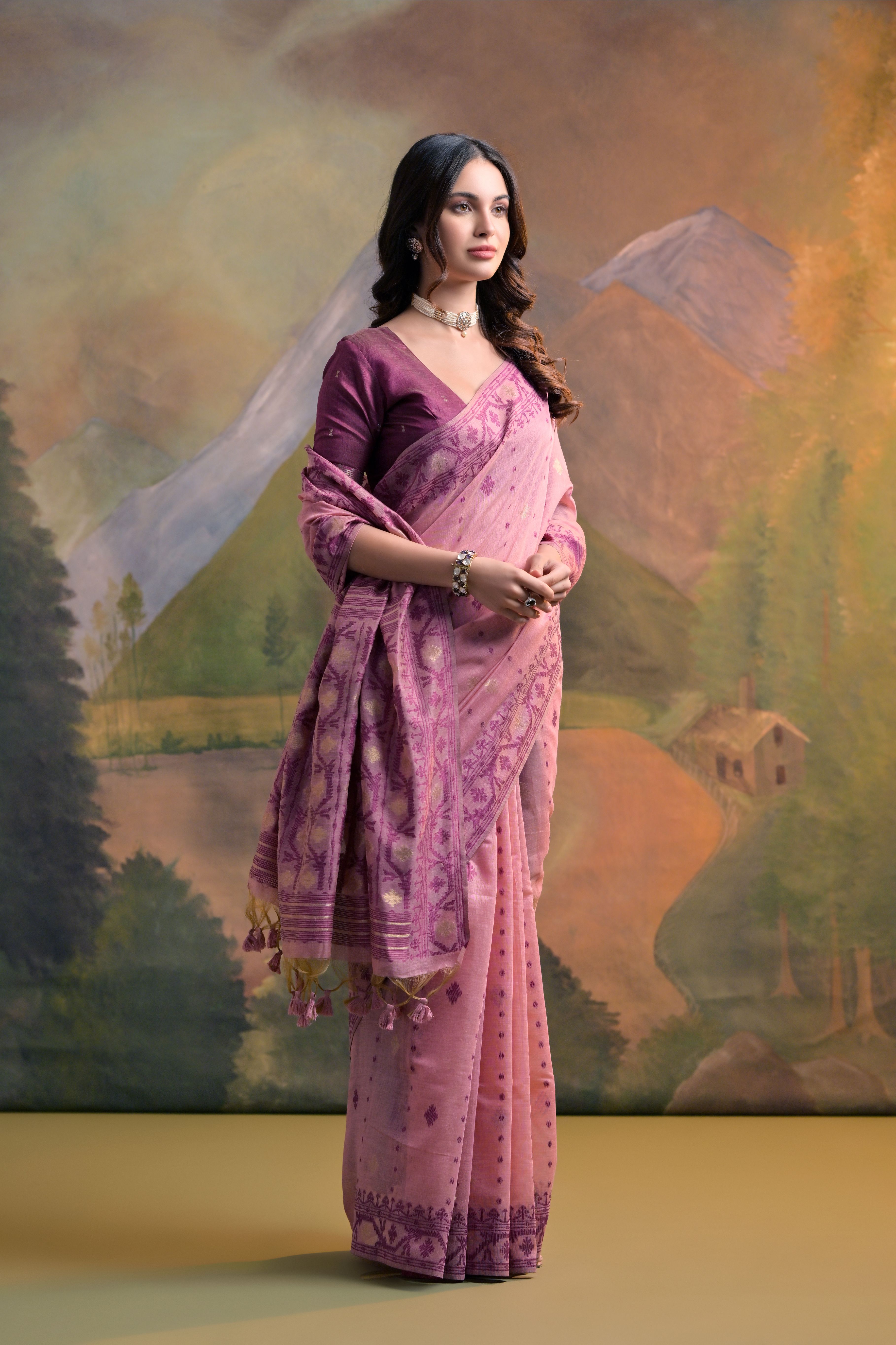 Pink Muga Cotton Saree with Thread Butti Weaves