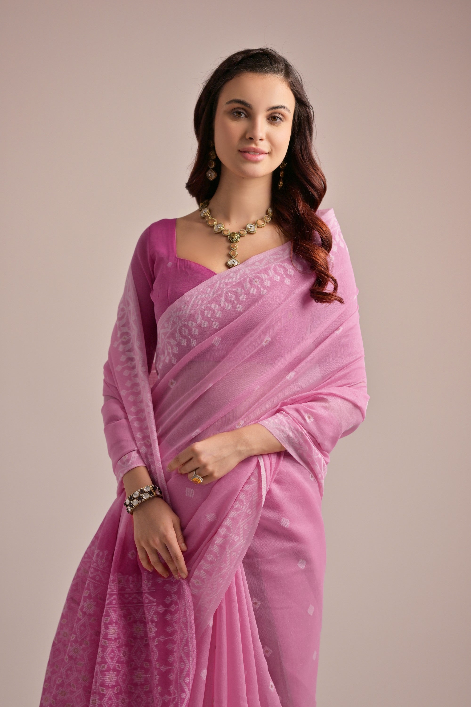 Pink Muga Cotton Saree with Thread Butti and Lakhnawi Pallu