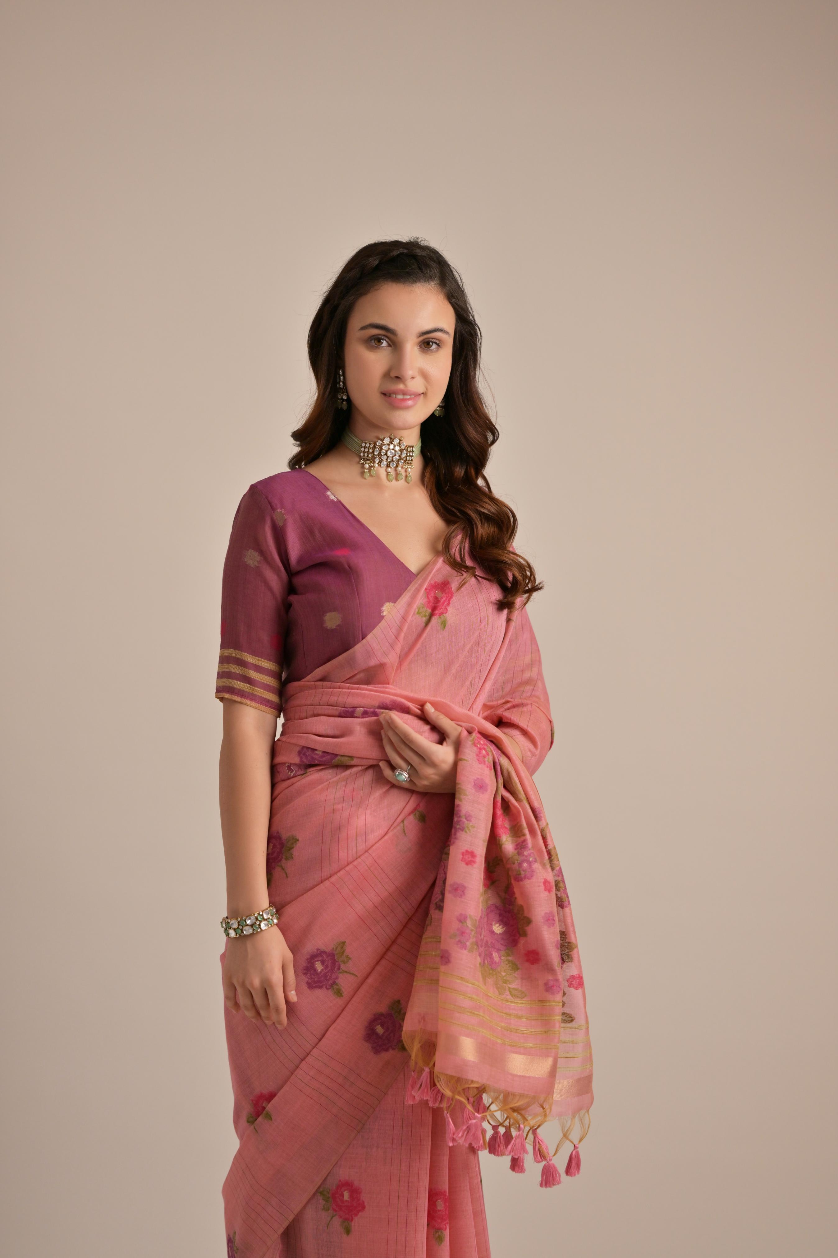 Pink Muga Cotton Saree with Thread Woven Flower Design
