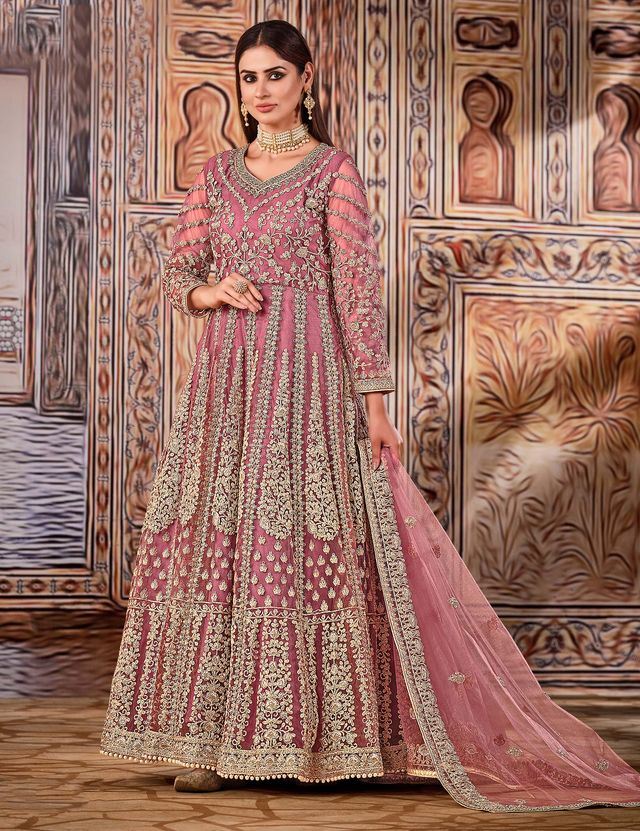 Pink Net Heavy Thread Embroidery And Zari Work  Anarkali Suits