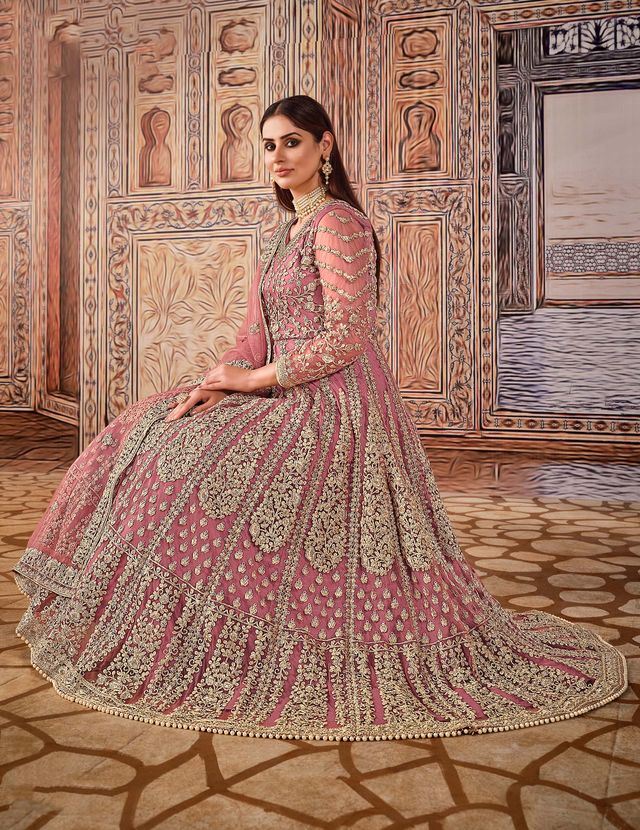 Pink Net Heavy Thread Embroidery And Zari Work  Anarkali Suits