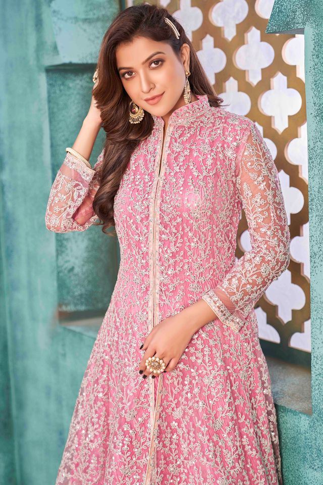 Pink Net Heavy Thread Embroidery With Sequins Work  Anarkali Suits