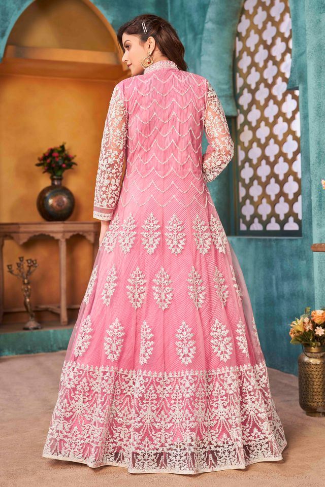 Pink Net Heavy Thread Embroidery With Sequins Work  Anarkali Suits