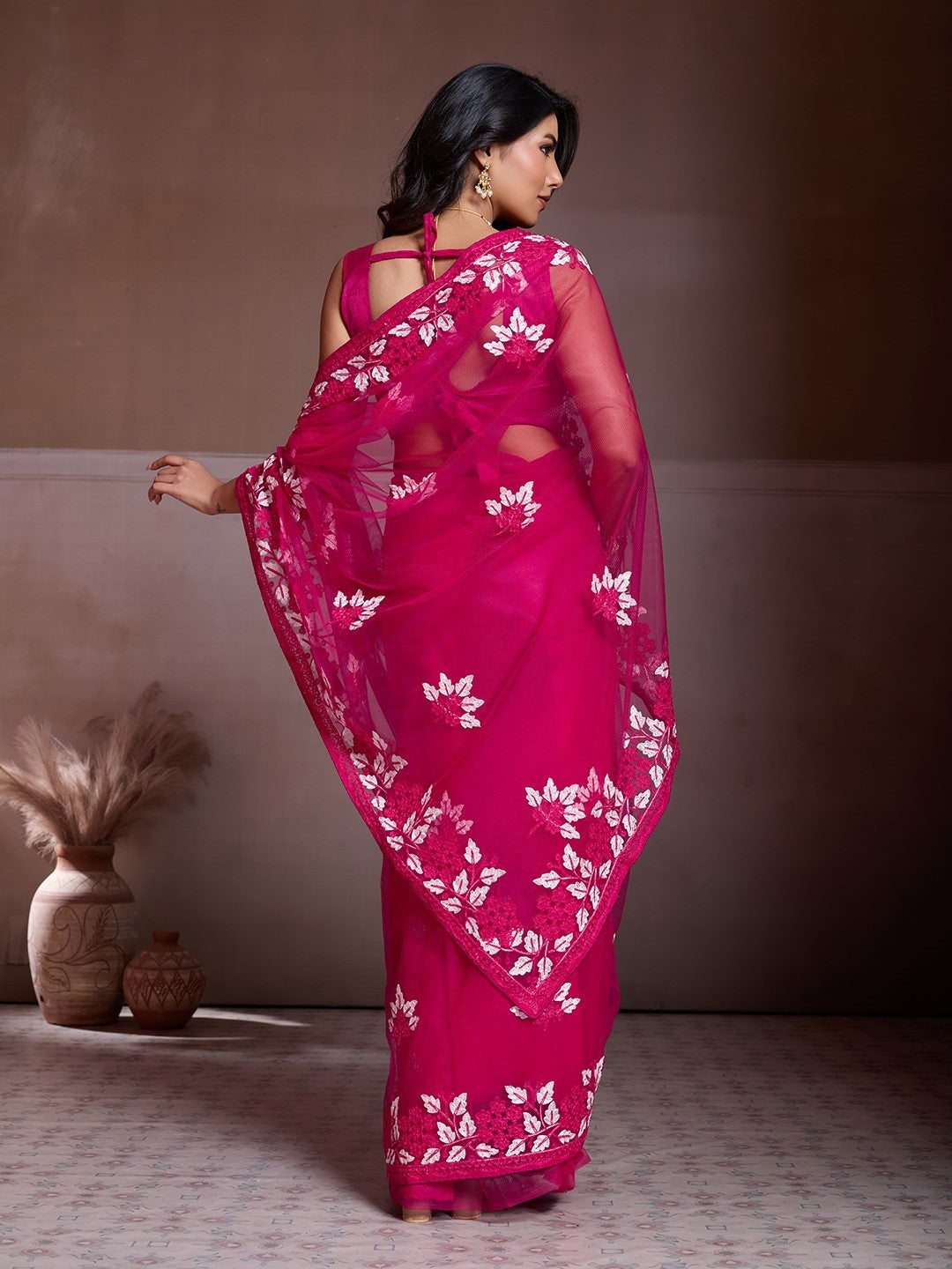 Pink Net Saree With Embroidery Elegant Designer Saree