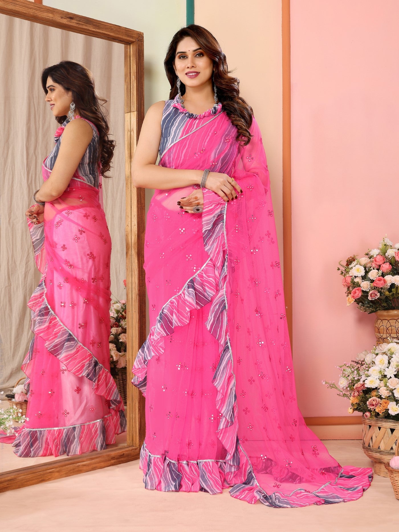 Pink Net Saree with Mirror Work & Ruffle with Leheriya Blouse