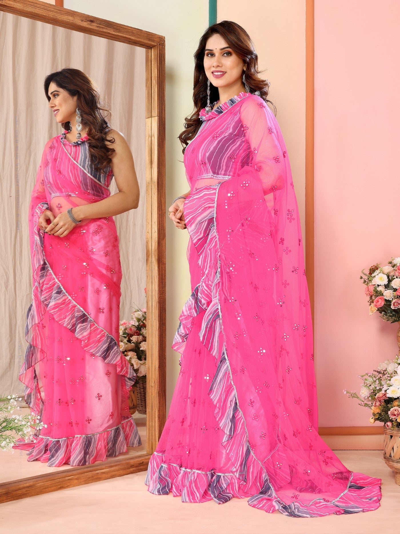 Pink Net Saree with Mirror Work & Ruffle with Leheriya Blouse