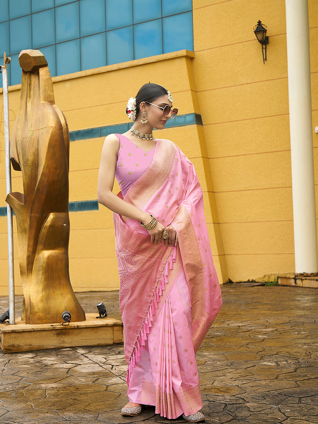 Pink Nylon Banarasi Woven Jacquard Designer Ethnic Indian Traditional Look Saree