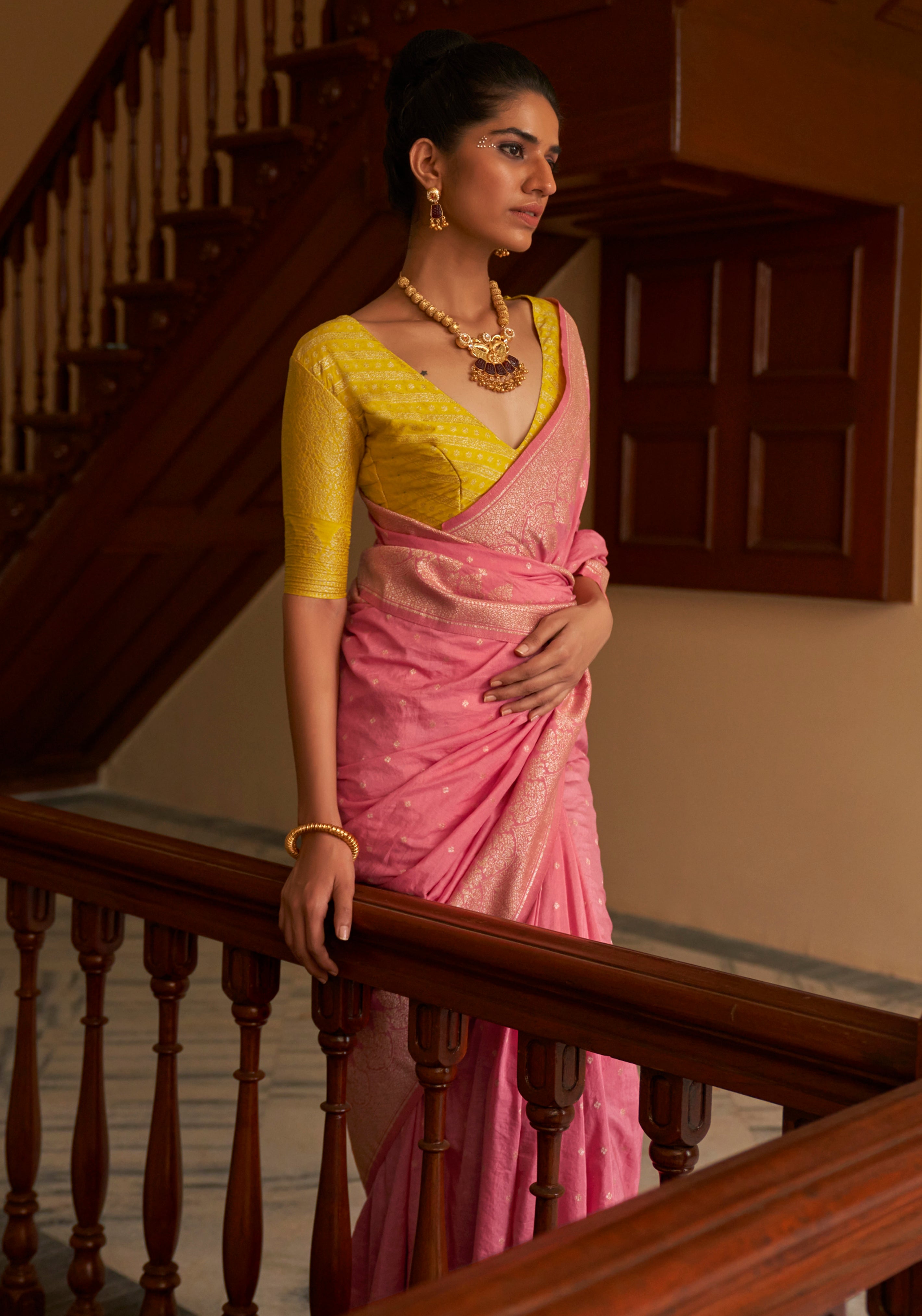 Pink Nylon Saree With  Jacquard Woven Work