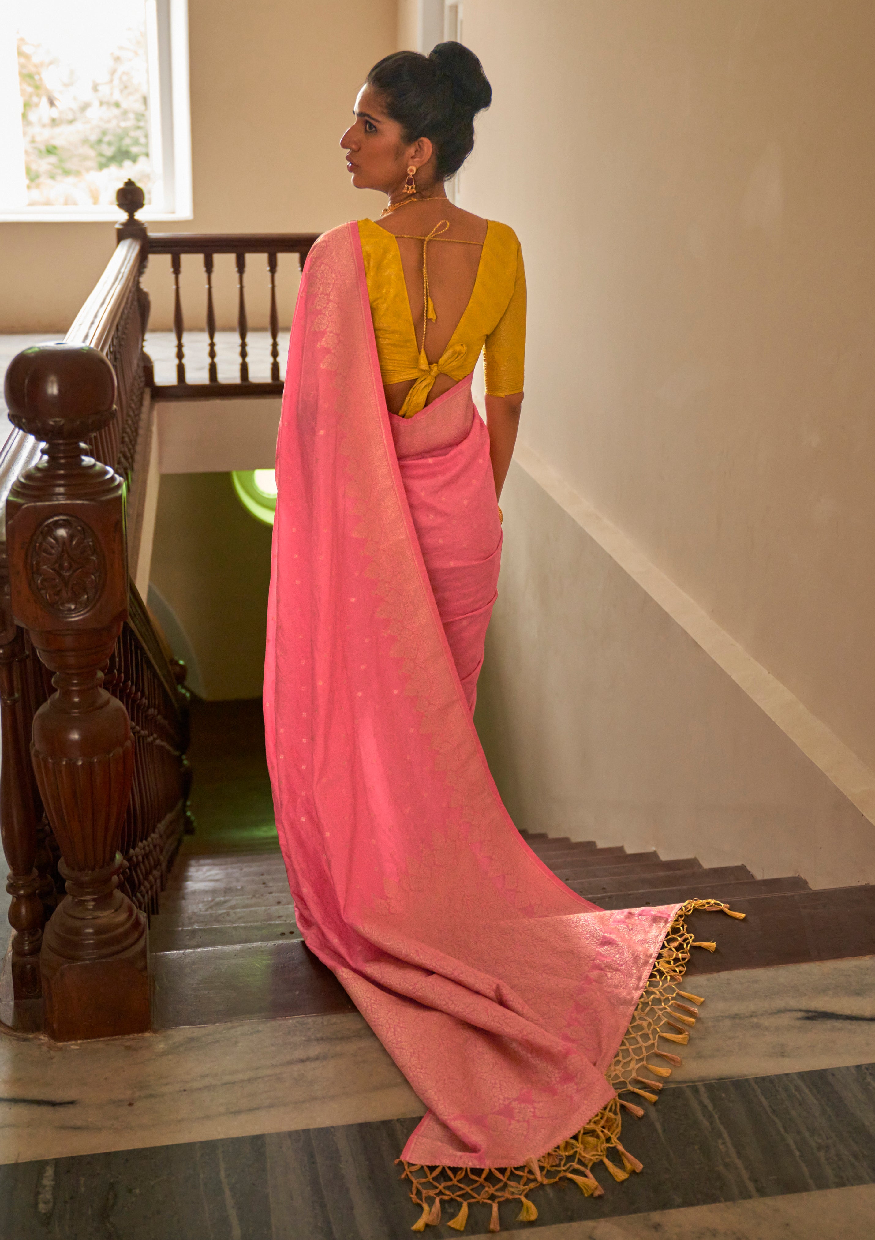 Pink Nylon Saree With  Jacquard Woven Work