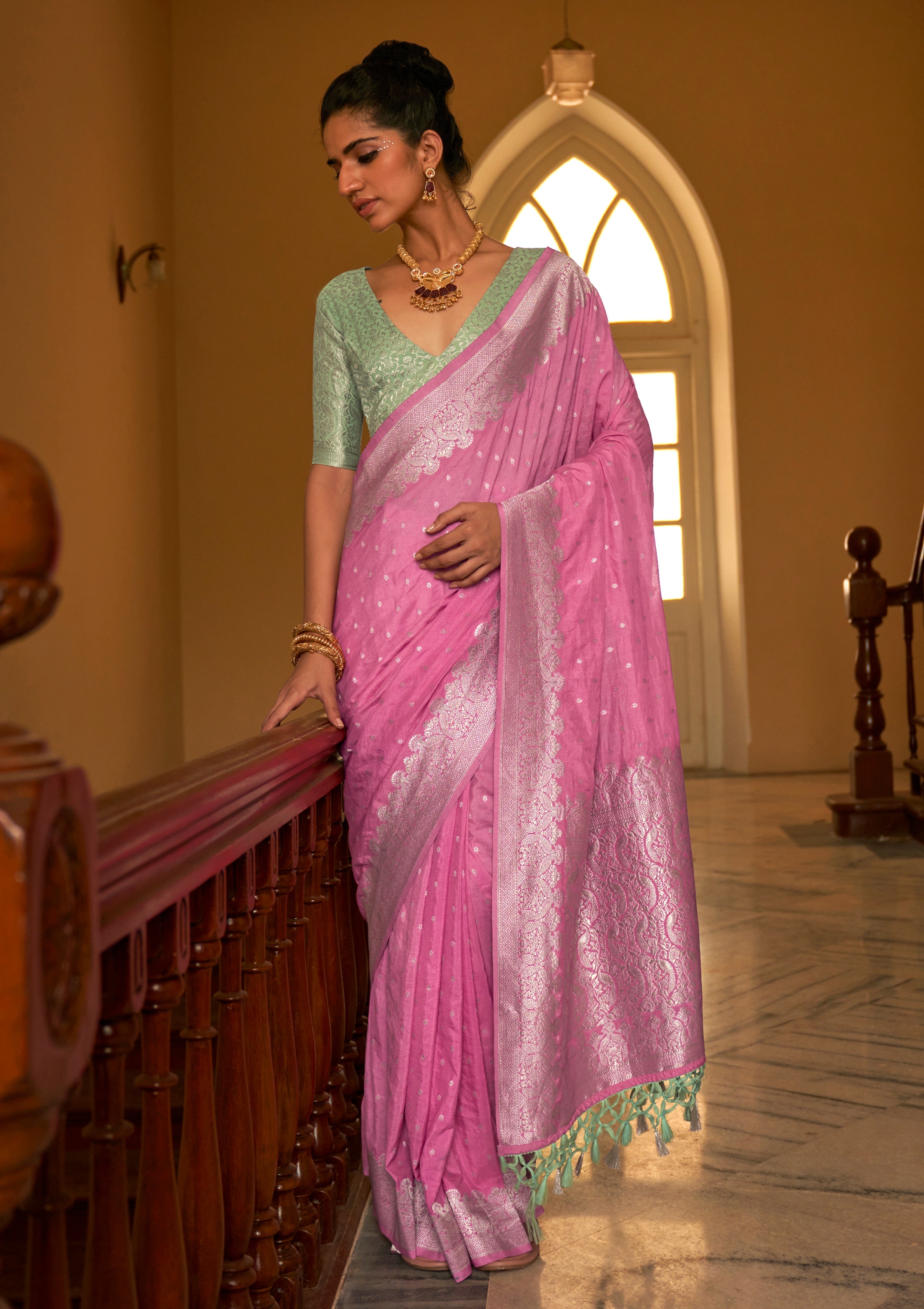 Pink Nylon Saree With  Jacquard Woven Work