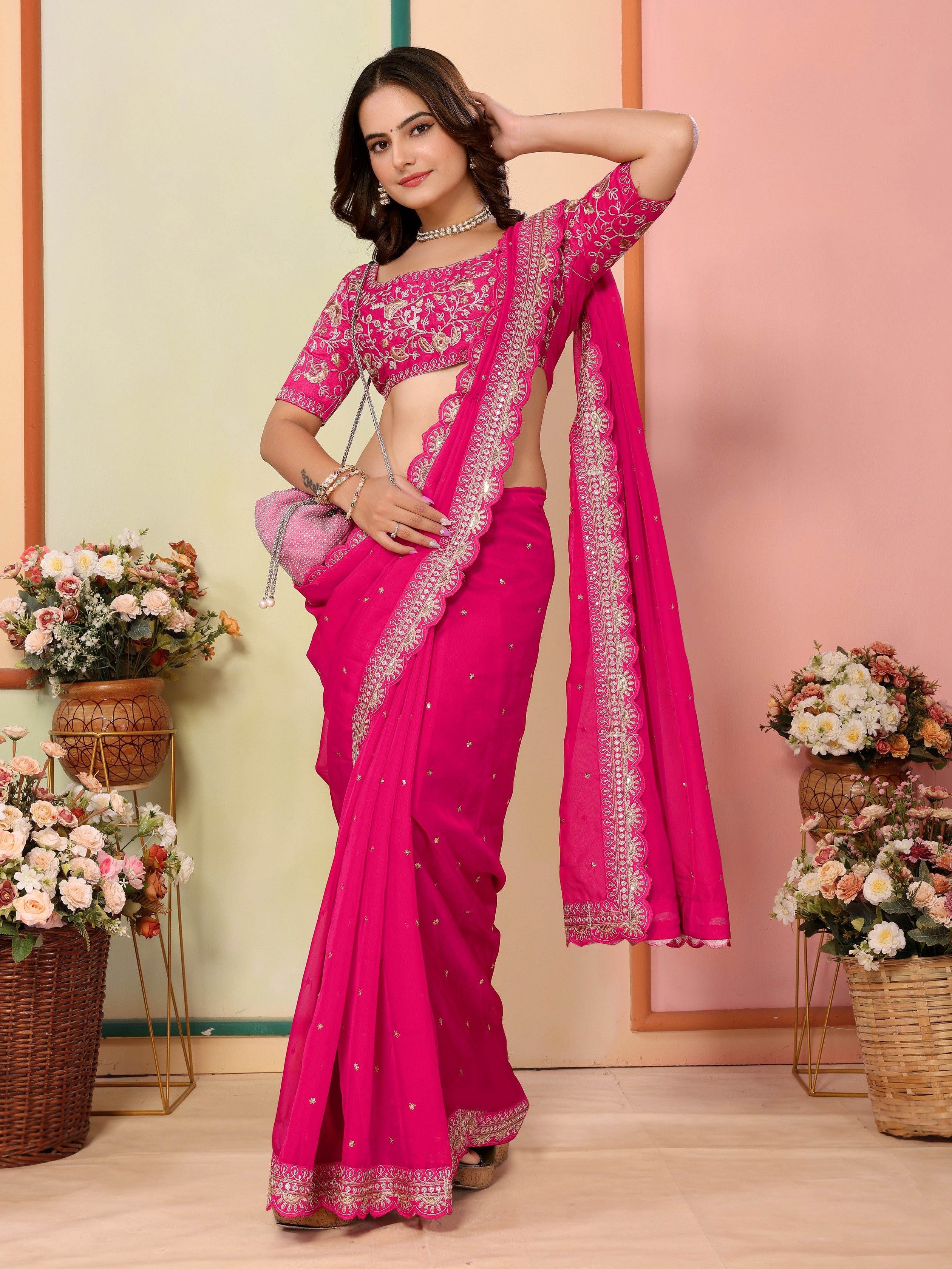 Pink Organza Designer Embroidery Work Patywear Saree