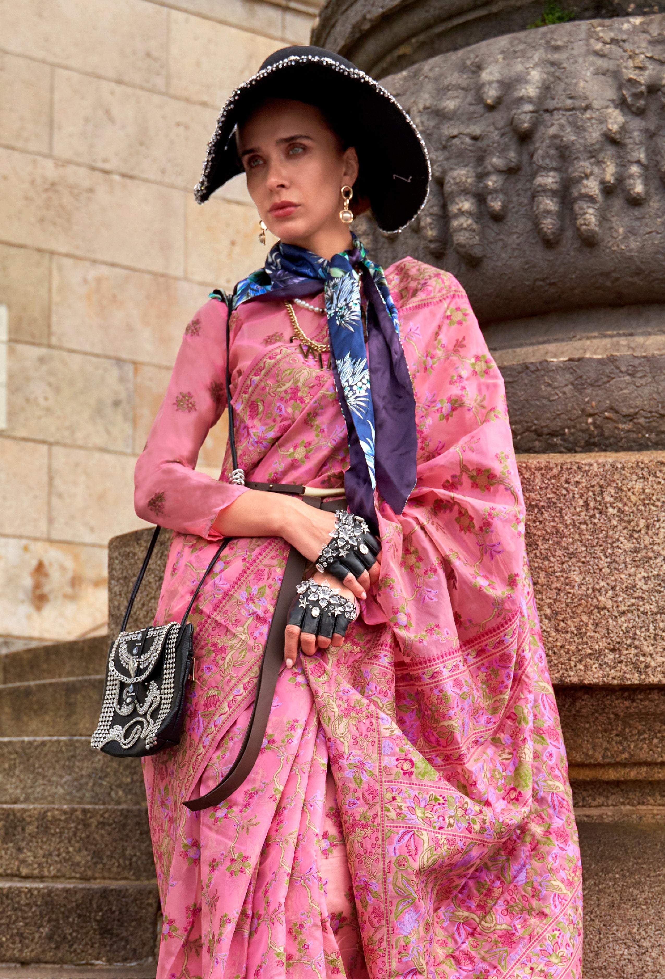 Pink Organza Handloom Saree With  Woven Work