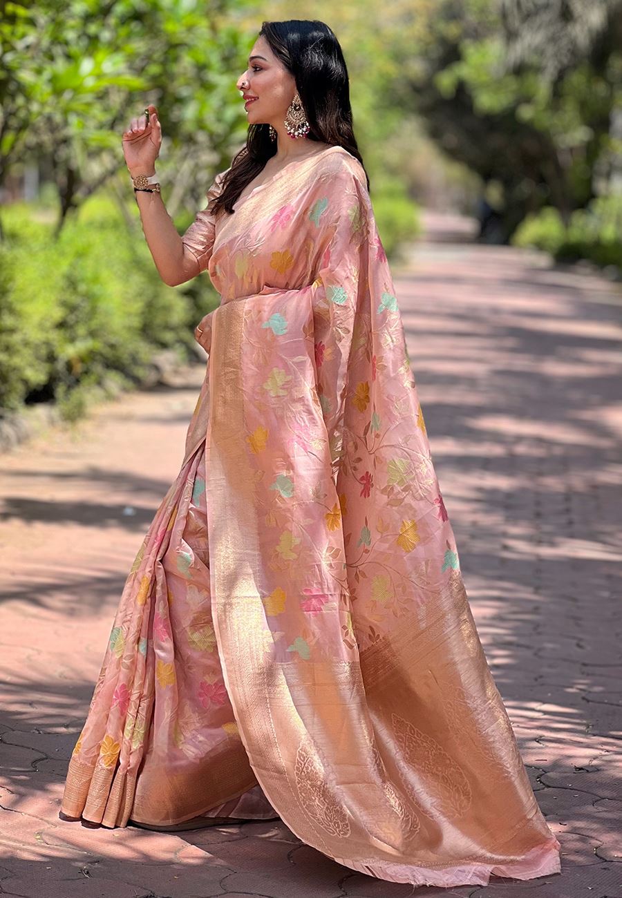 Pink Organza Saree With Woven Work