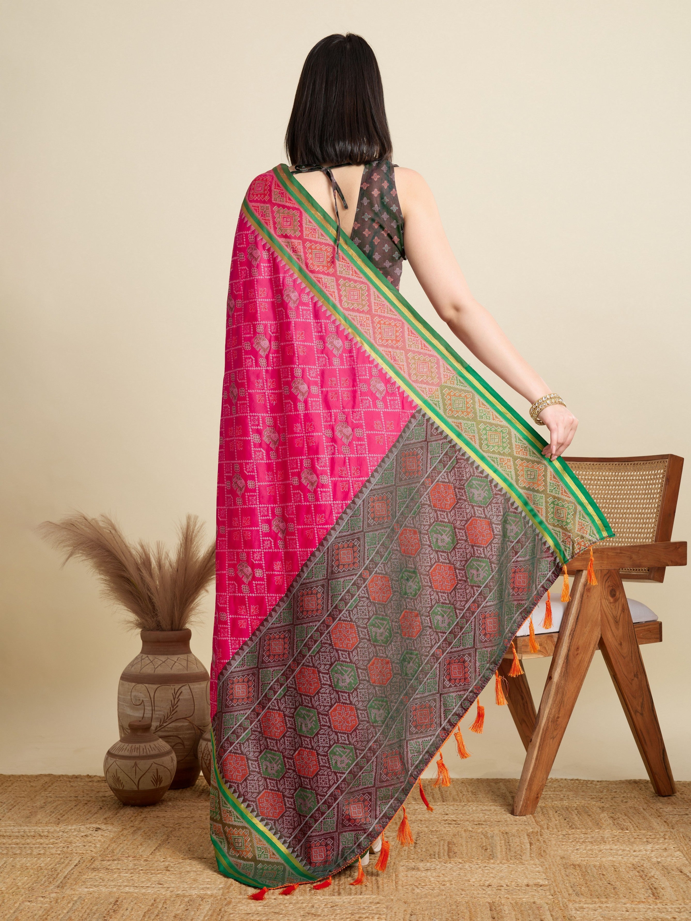 Pink Patola Silk Woven Meenakari Designer Partywear Saree