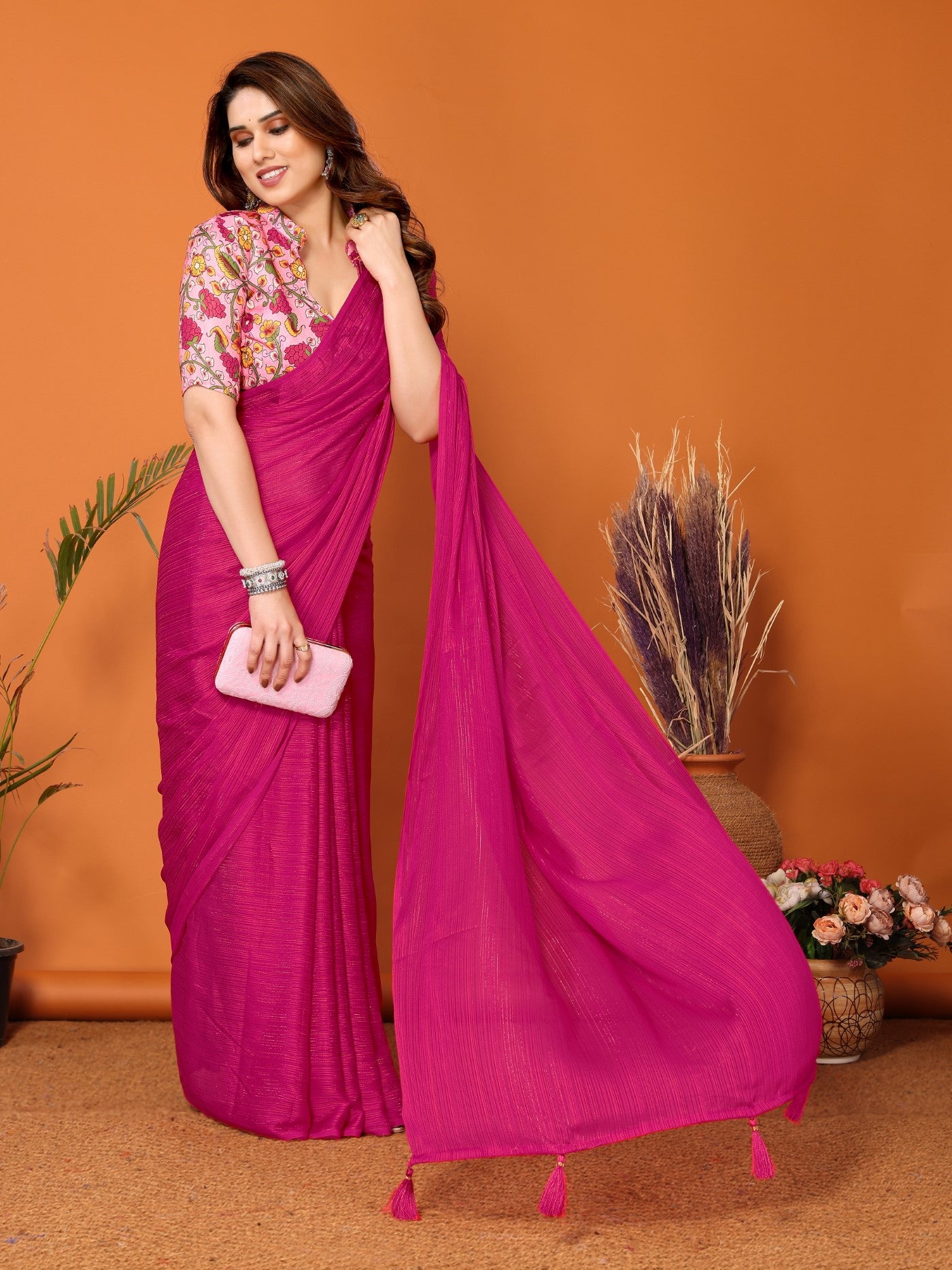 Pink Polyester Zari Saree With Plain Saree With Kalamkari Print Blouse
