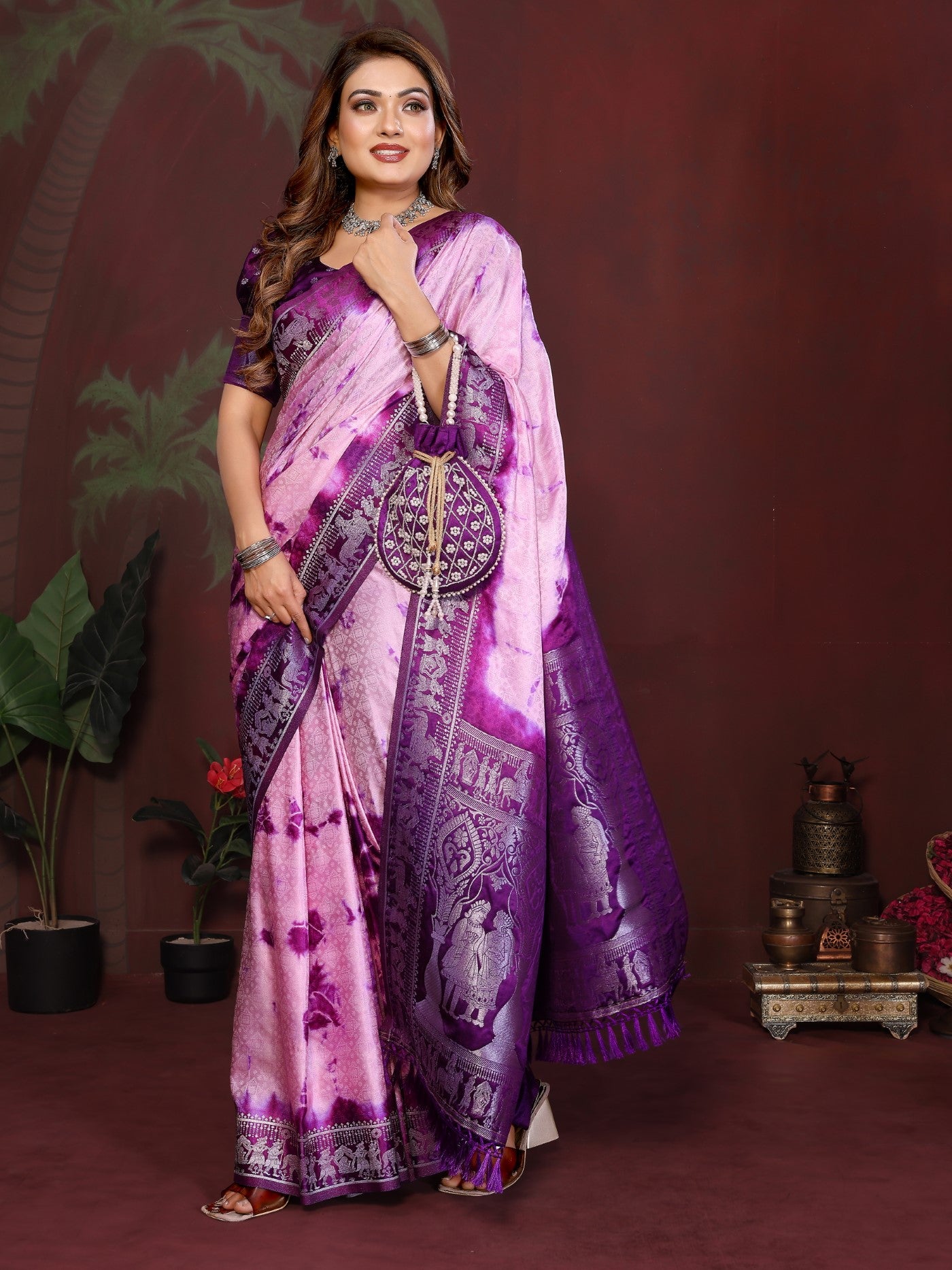 Pink Purple Soft Satin Silk Saree With Premium Sibory Zari Weaving