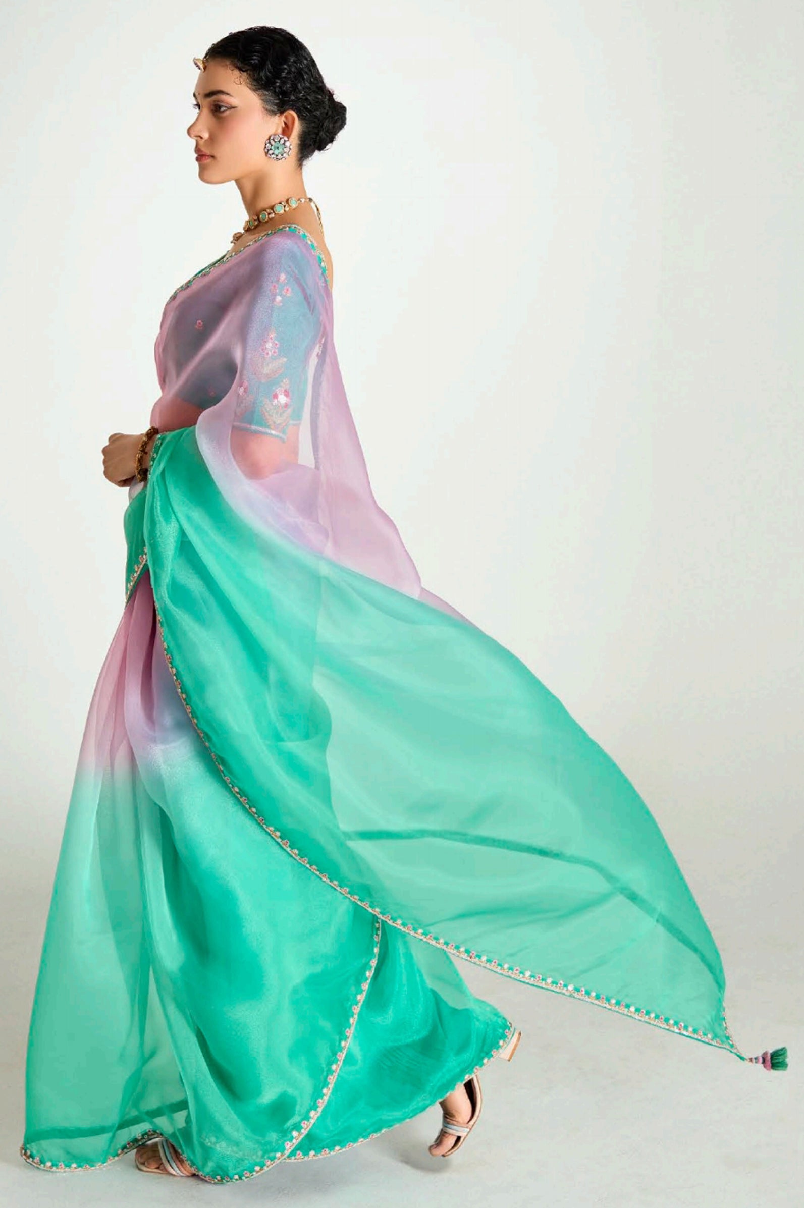Pink  Rama Organza Saree with Embroidered Blouse