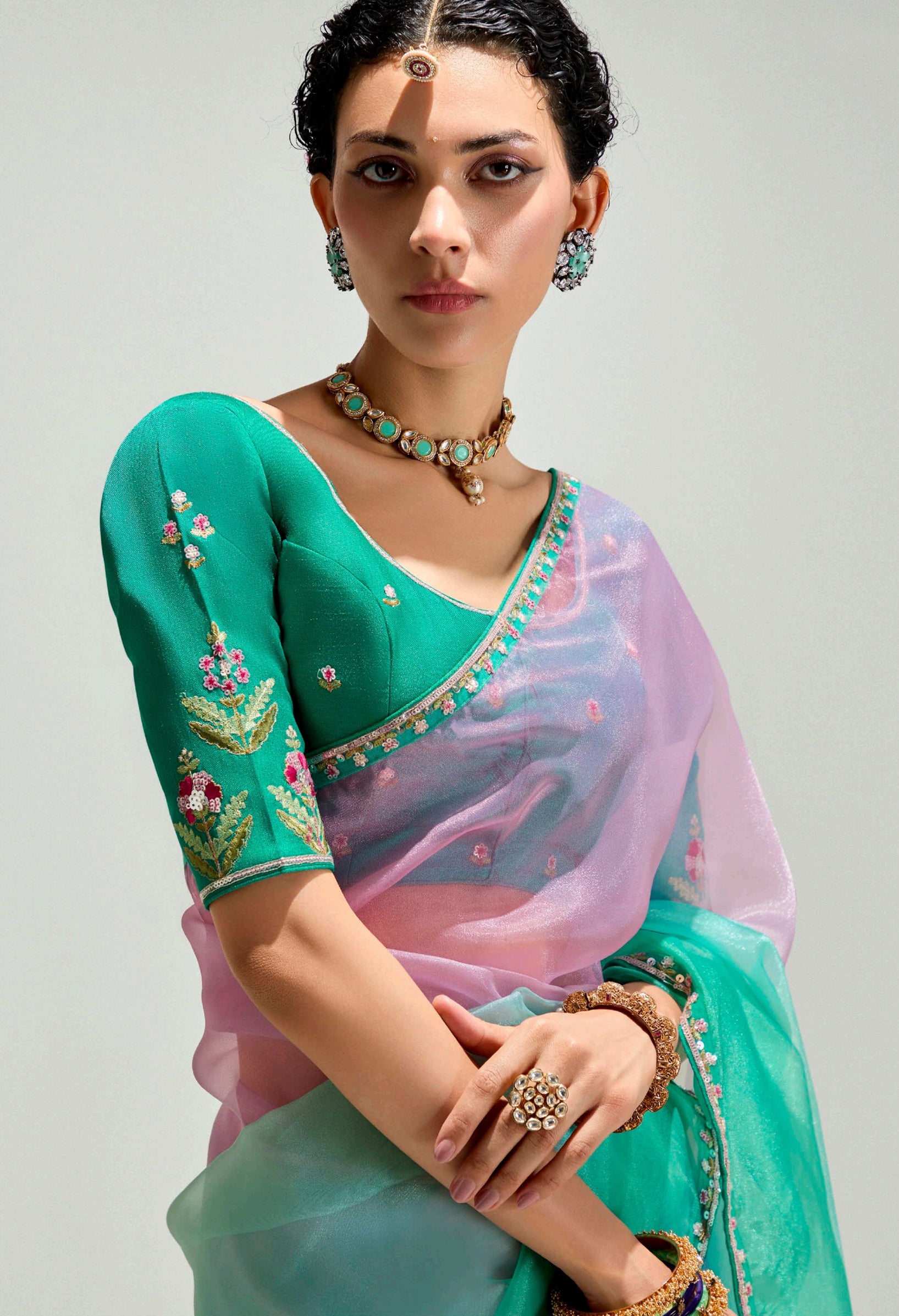 Pink  Rama Organza Saree with Embroidered Blouse