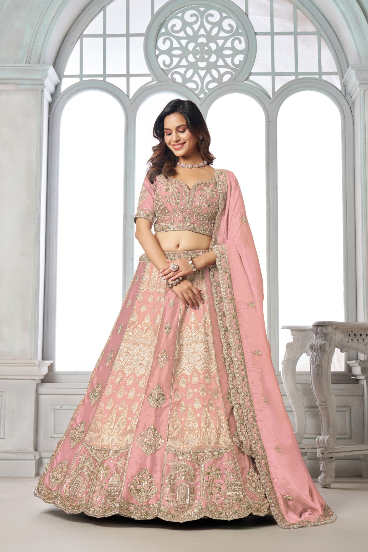 Pink Raw Silk Heavy Embroidered Bridal Lehenga Choli