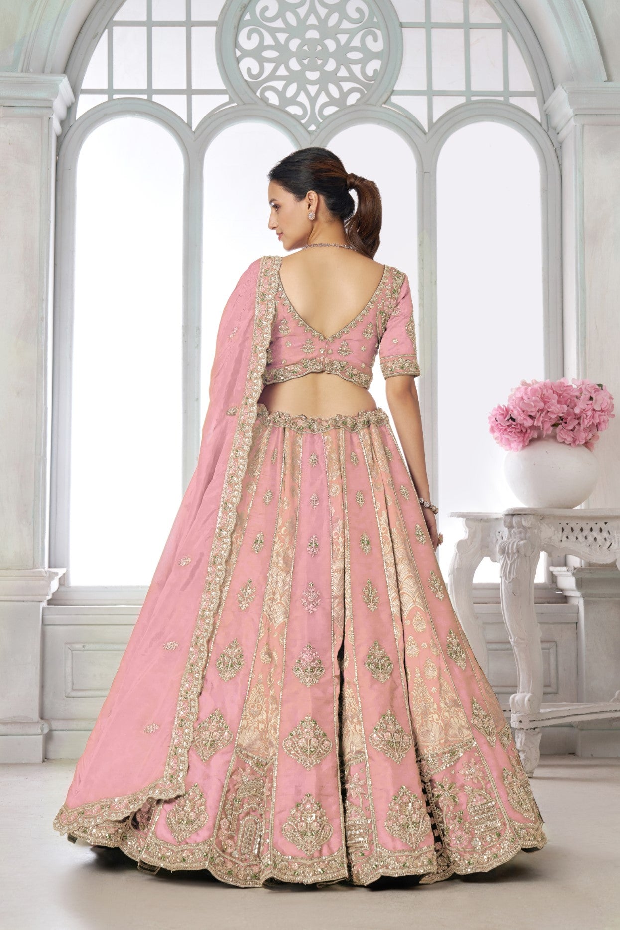 Pink Raw Silk Heavy Embroidered Bridal Lehenga Choli
