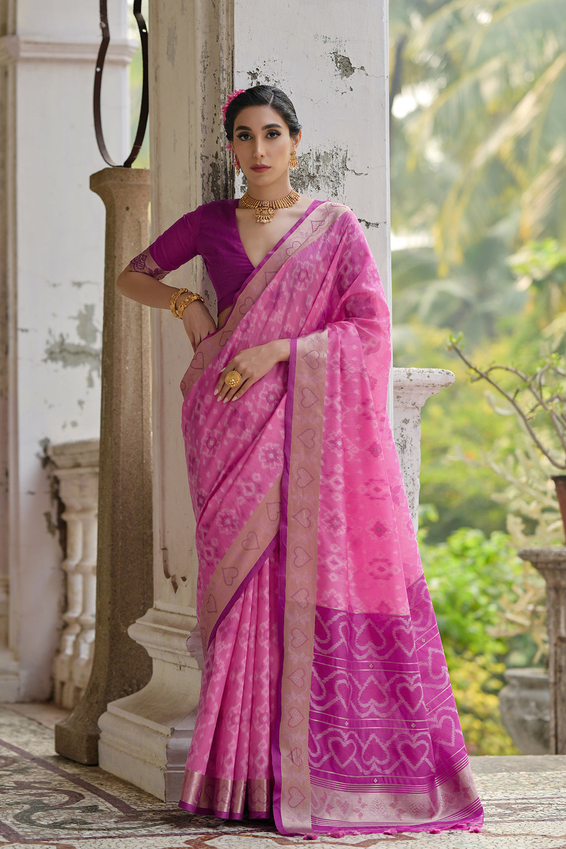 Pink Raw Silk Saree with Ikkat Design and Contrast Pallu