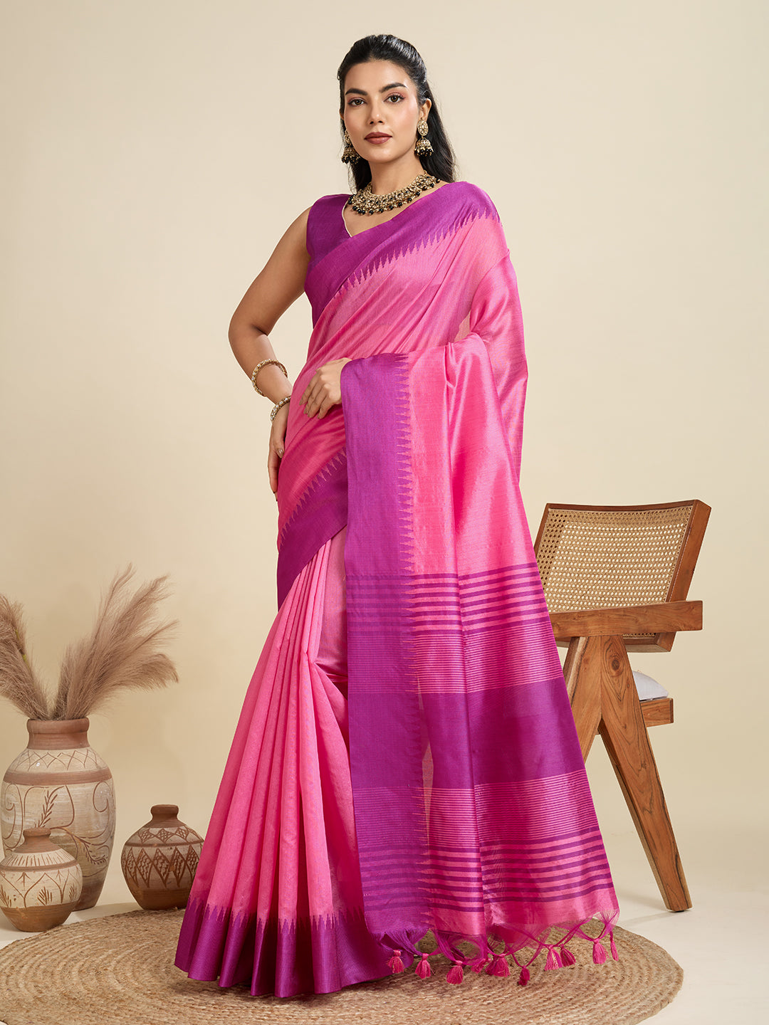 Pink Raw Silk Saree with Temple Border and Striped Pallu