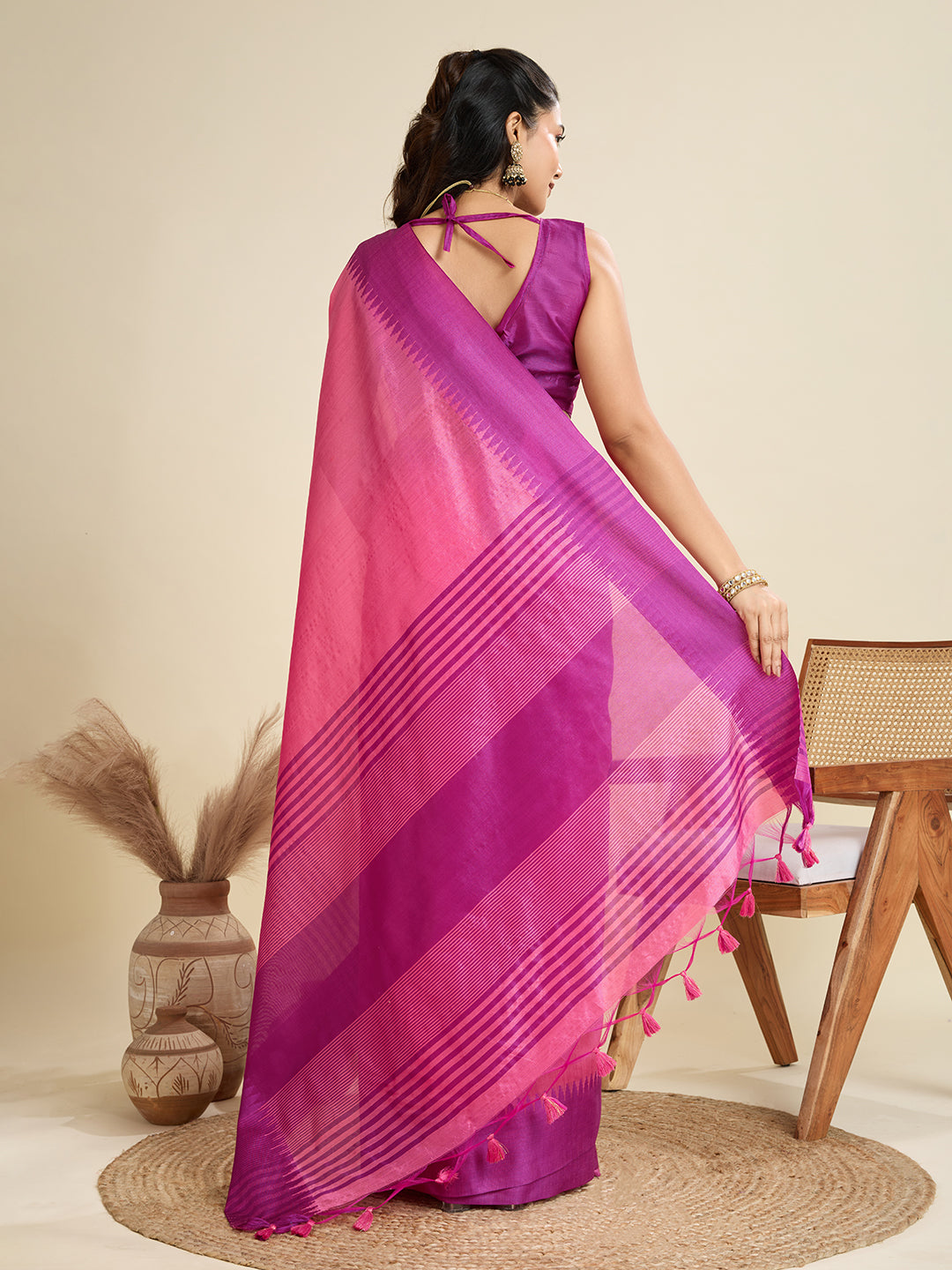 Pink Raw Silk Saree with Temple Border and Striped Pallu