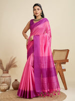 Pink Raw Silk Saree with Temple Border and Striped Pallu