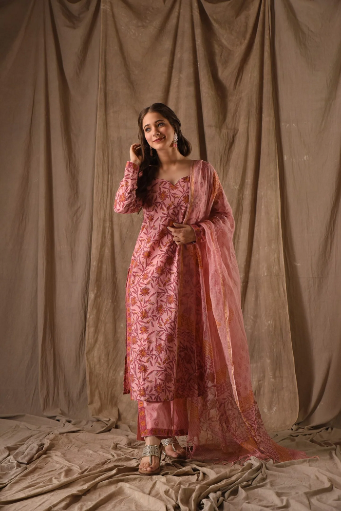Pink Roman Linen Slub Kurta Pant Set  Printed