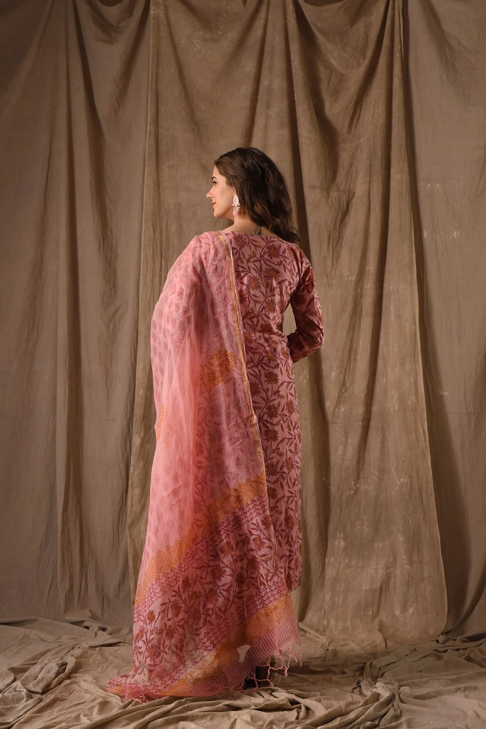 Pink Roman Linen Slub Kurta Pant Set  Printed
