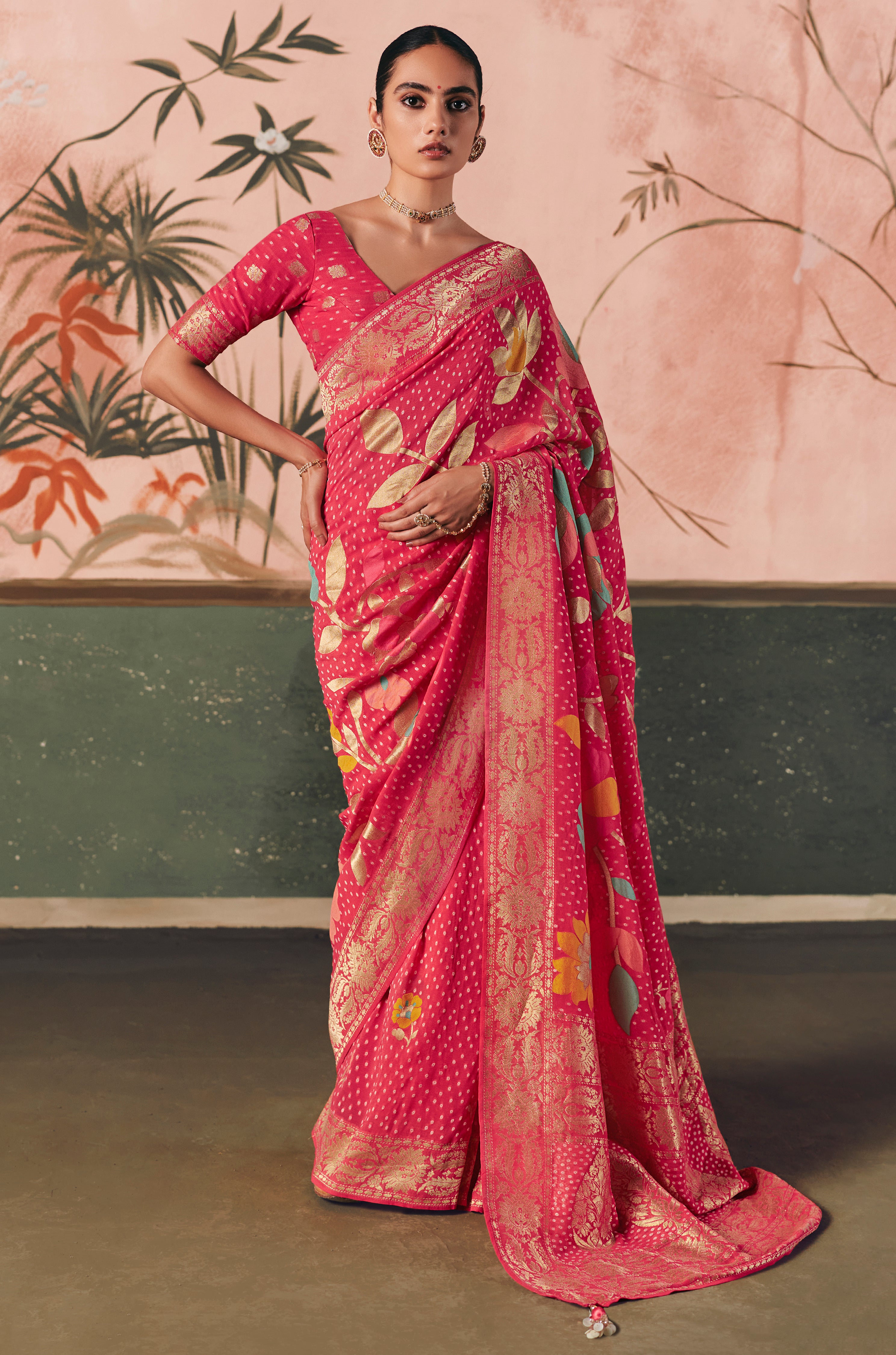 Pink Saree With  Designer Bandhej Weaving Work With Beutifull Tassles Attached
