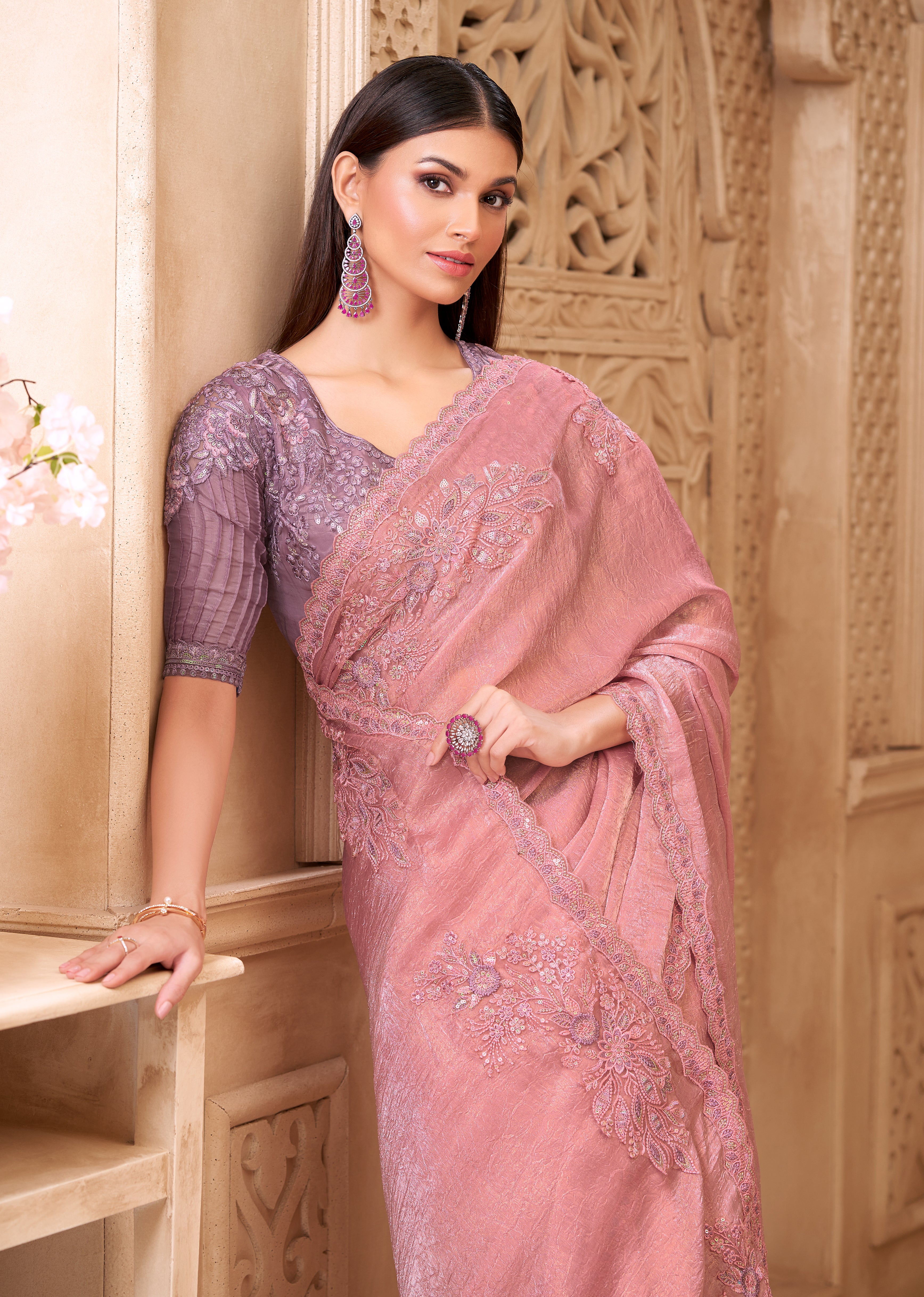 Pink Saree With  Heavy Thread Embroidery Sequins Border Work With Embroidery Blouse Jacket