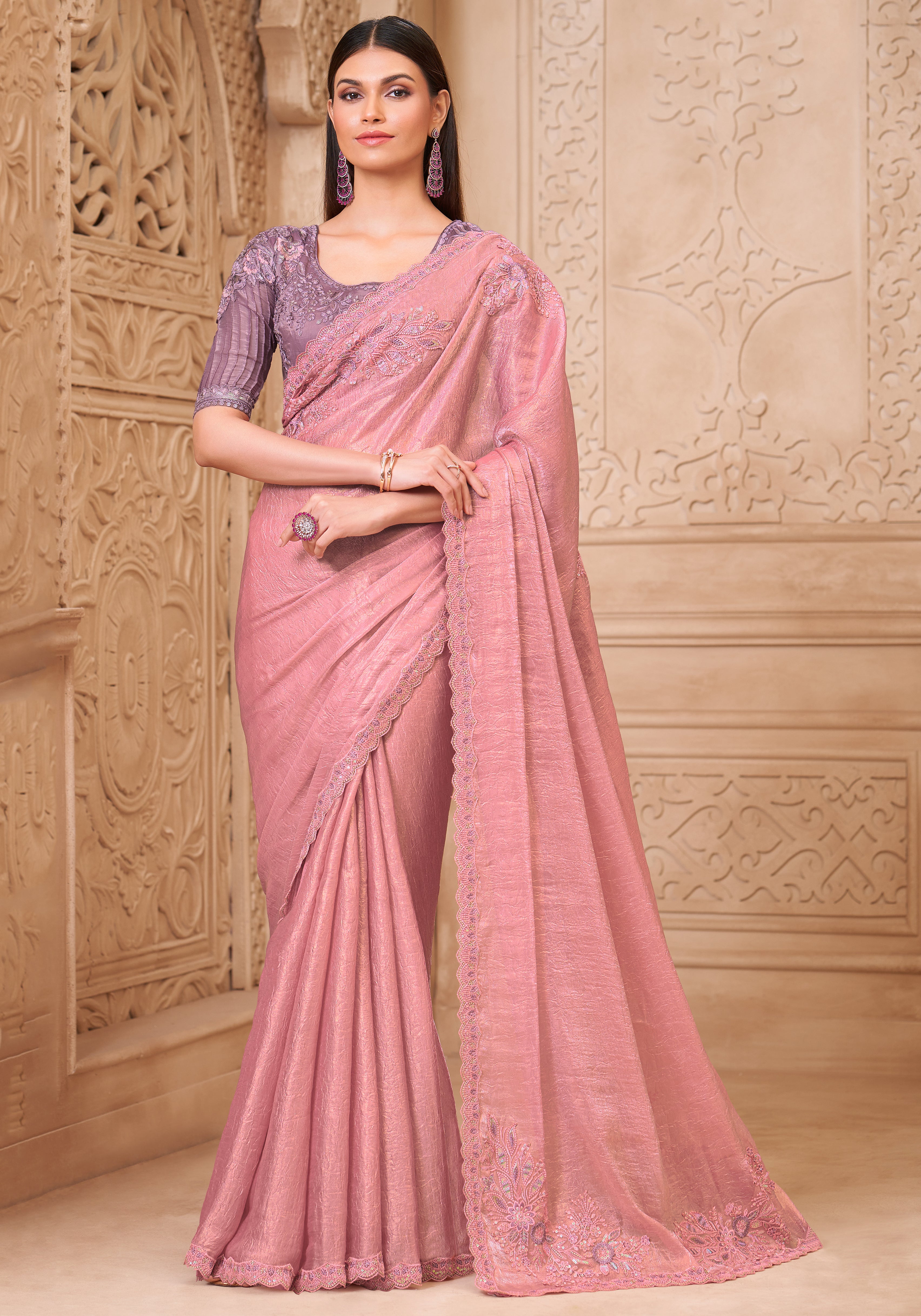 Pink Saree With  Heavy Thread Embroidery Sequins Border Work With Embroidery Blouse Jacket