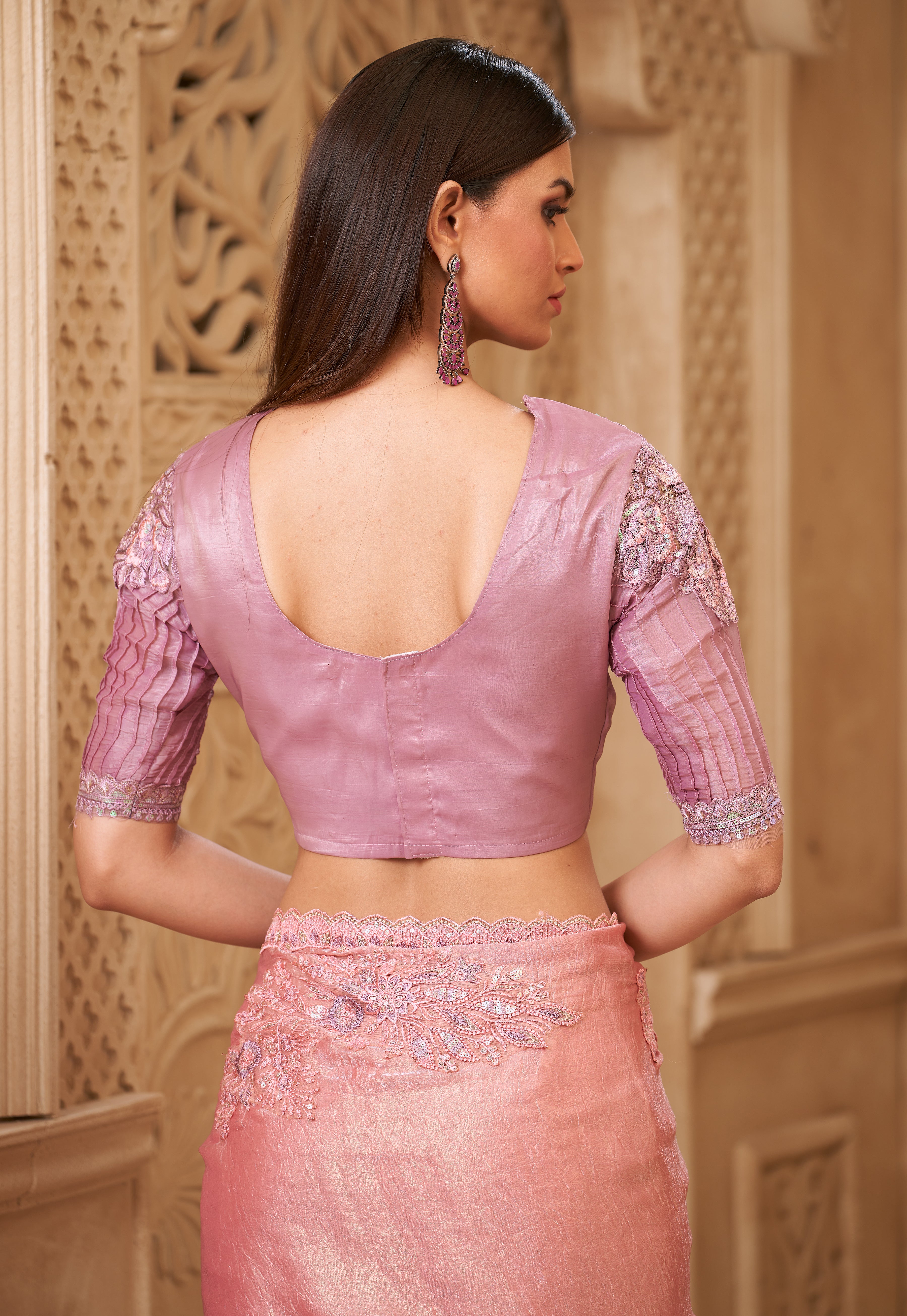 Pink Saree With  Heavy Thread Embroidery Sequins Border Work With Embroidery Blouse Jacket