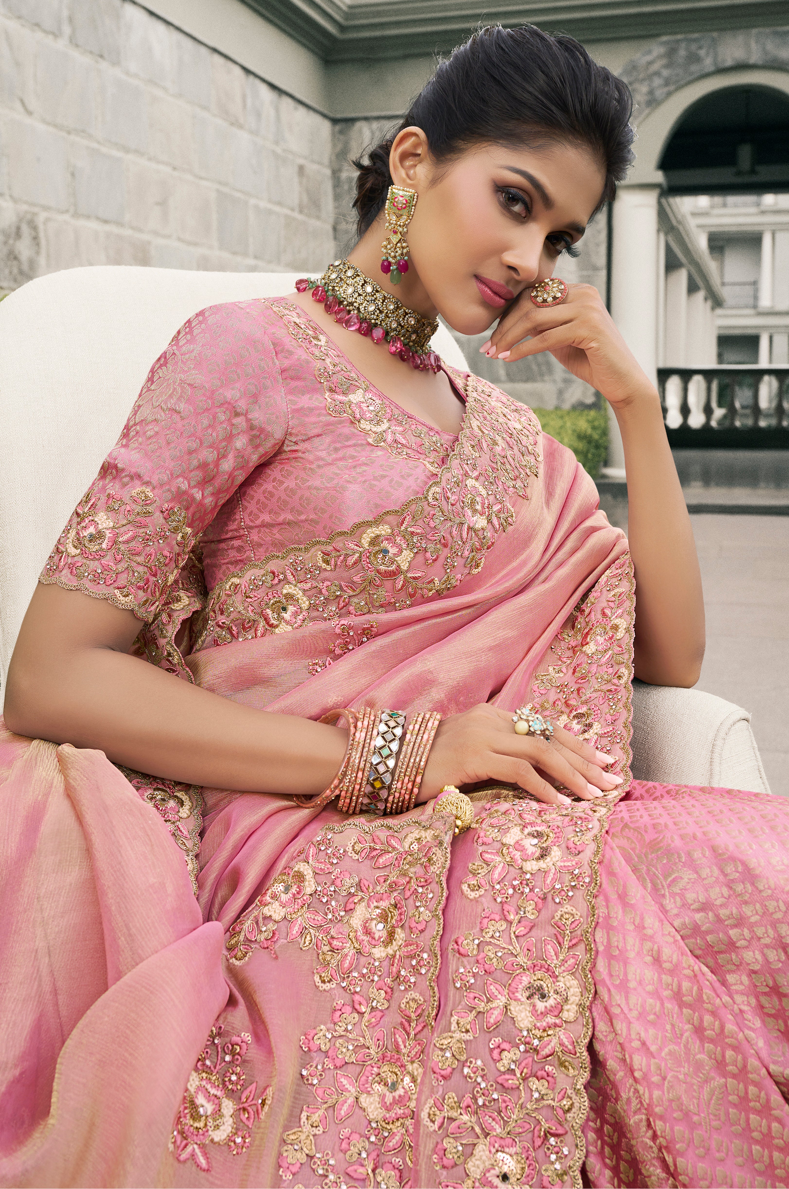 Pink Saree With  Heavy Thread Embroidery, Stone, Pearl, Real Mirror Work