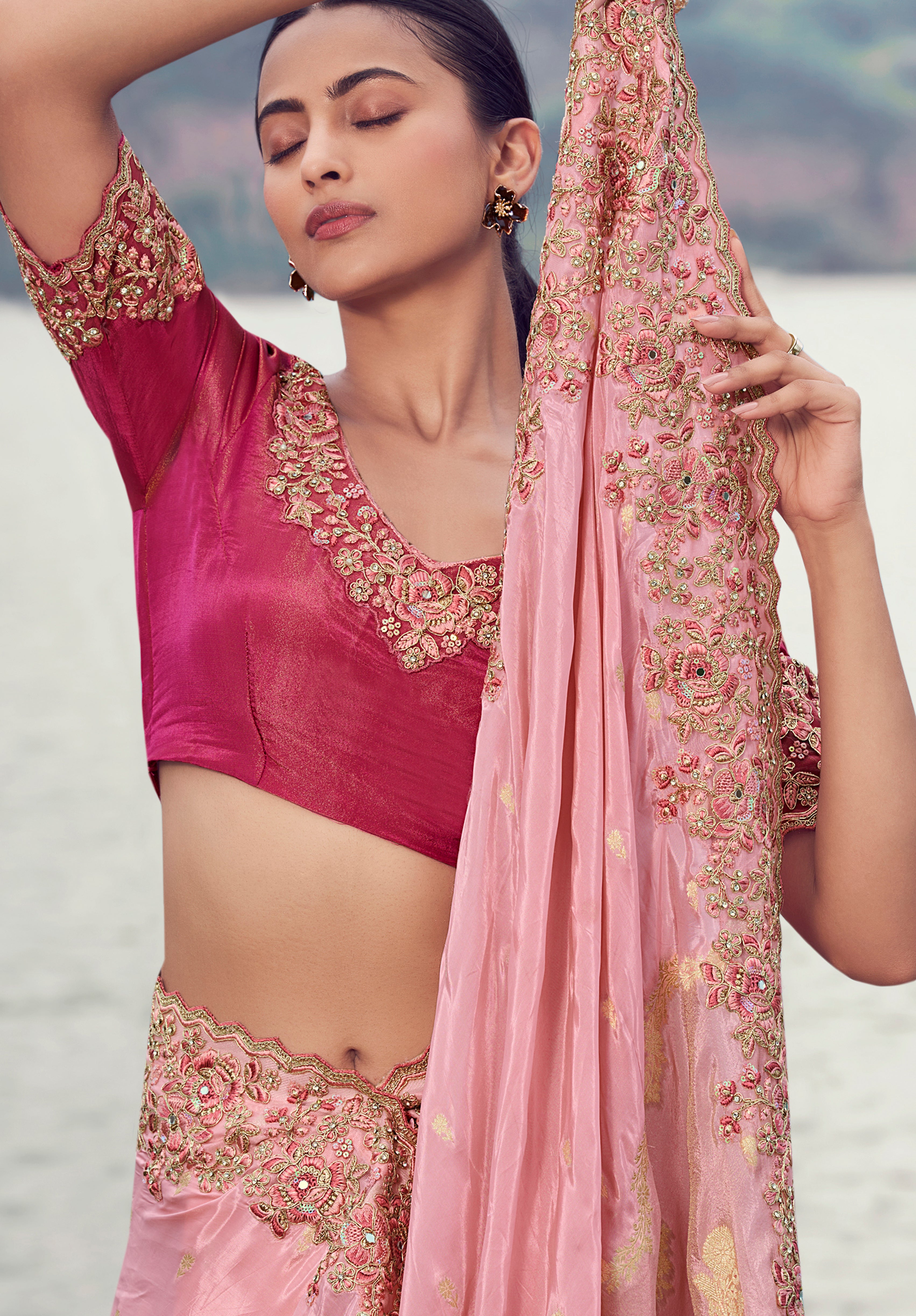 Pink Saree With  Jacquard Woven With Embroidered Border & Blouse