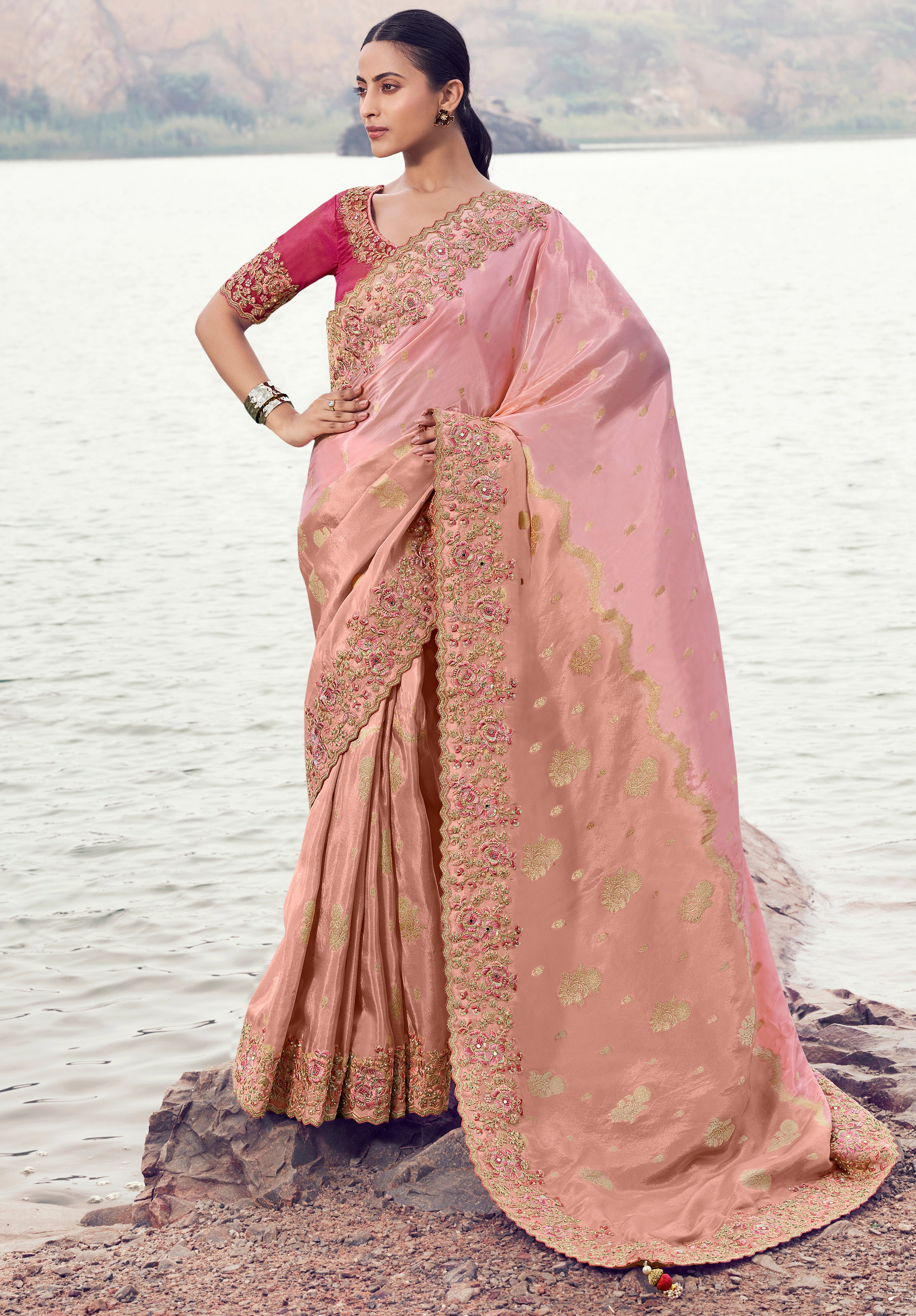 Pink Saree With  Jacquard Woven With Embroidered Border & Blouse