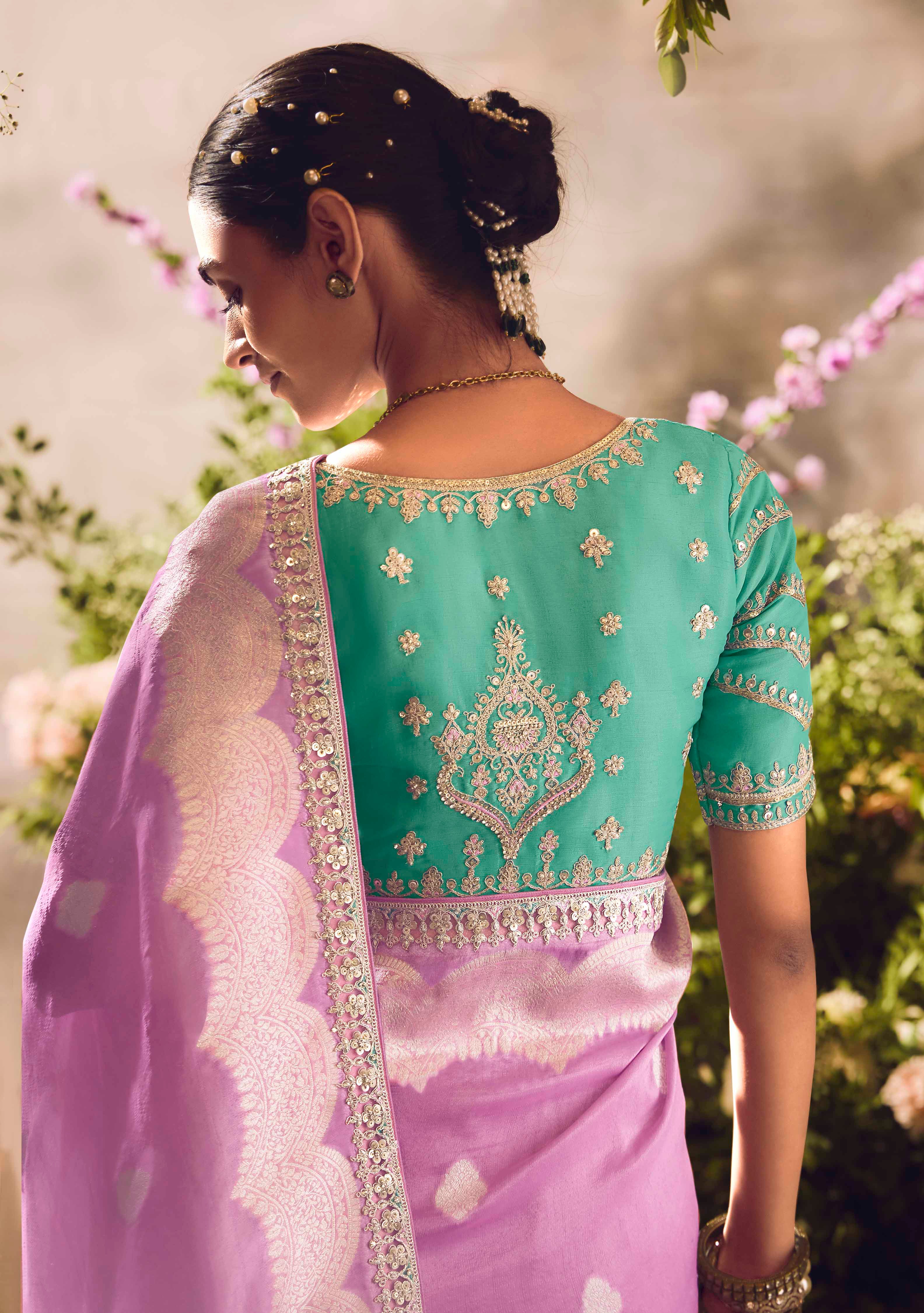 Pink Saree With  Jacquard Woven Work with Embroidered Lace Border