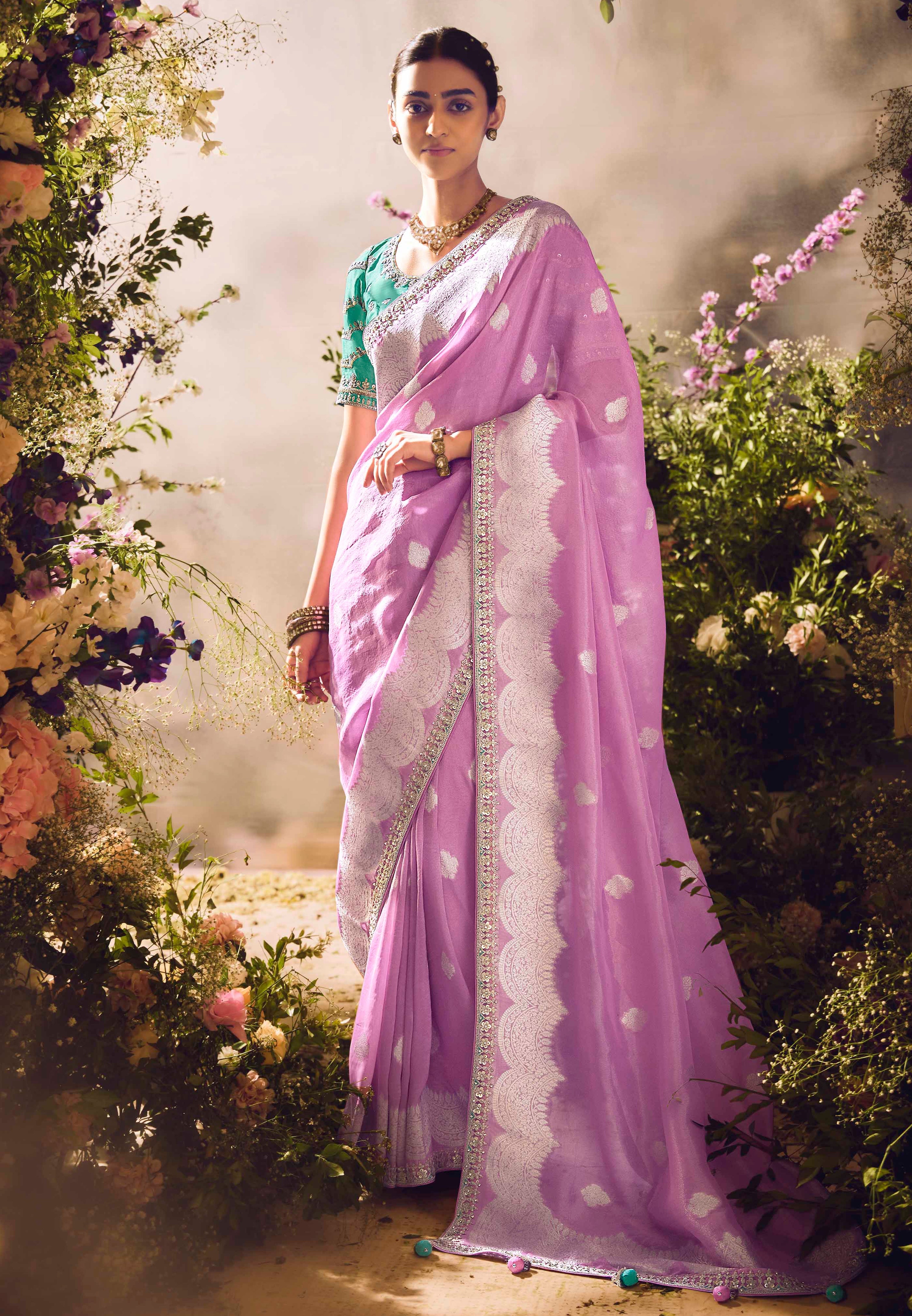 Pink Saree With  Jacquard Woven Work with Embroidered Lace Border
