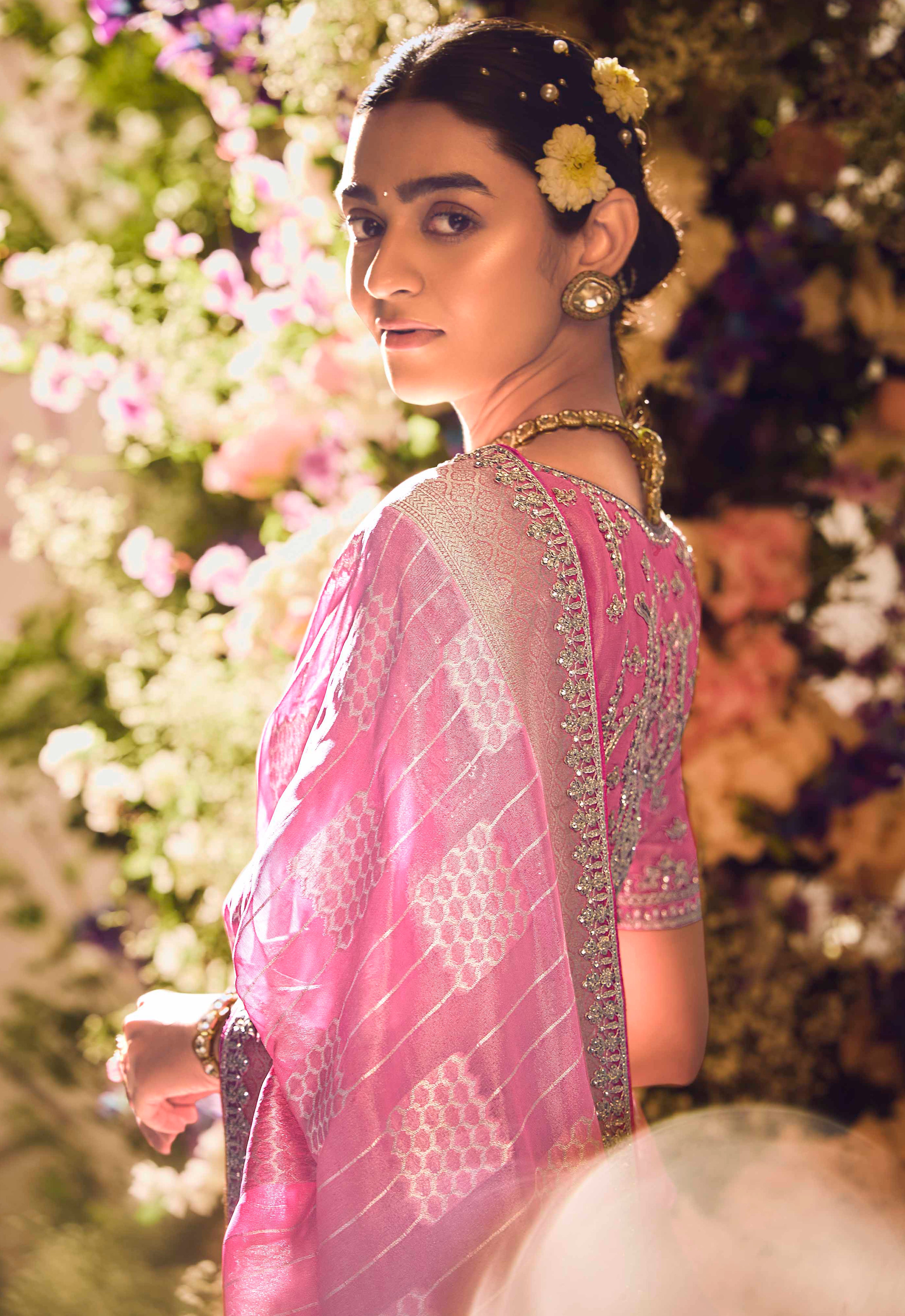 Pink Saree With  Jacquard Woven Work with Embroidered Lace Border