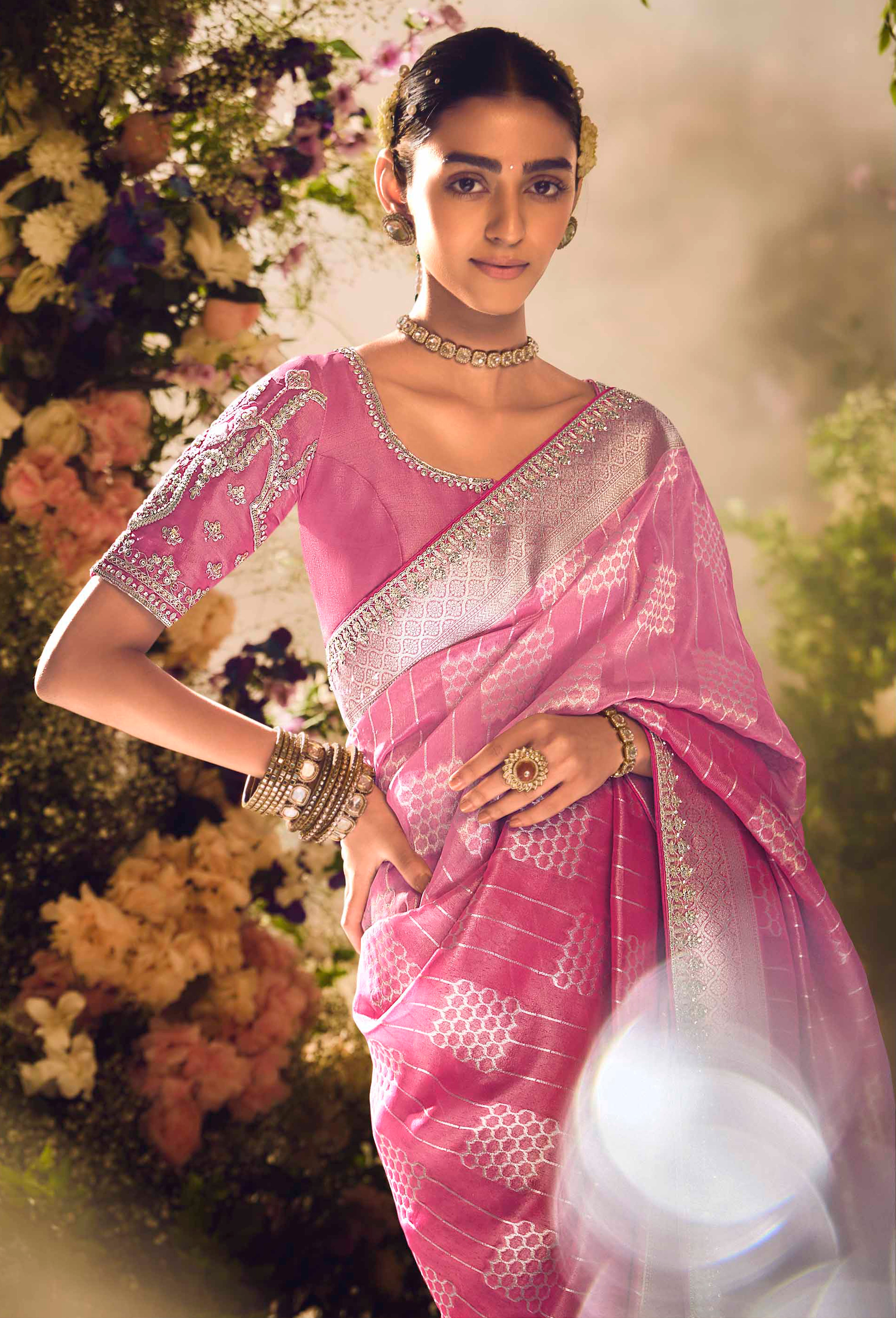 Pink Saree With  Jacquard Woven Work with Embroidered Lace Border
