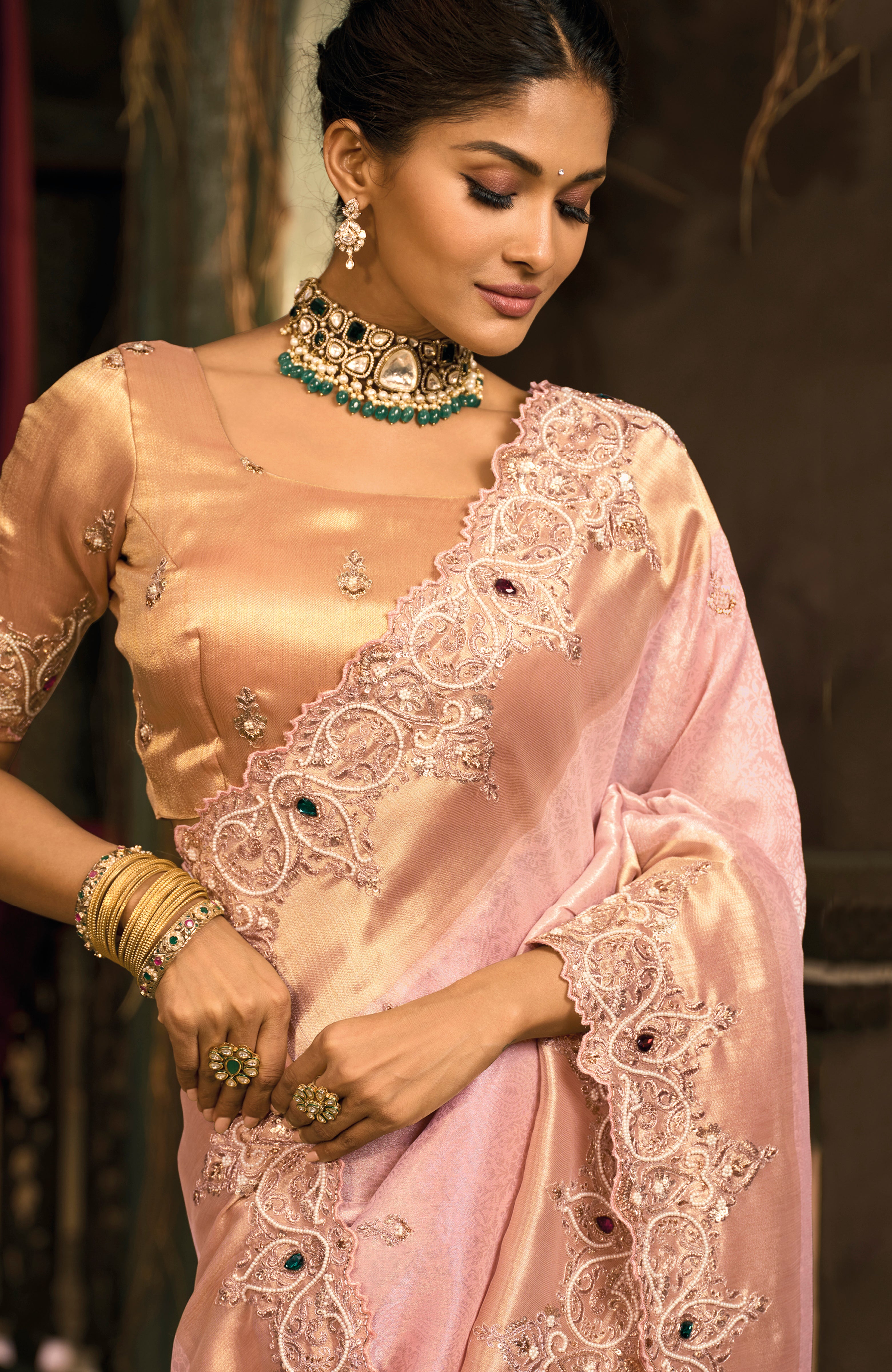 Pink Saree With  Jari, Moti, Cut-Dana With Emerald Heavy Work