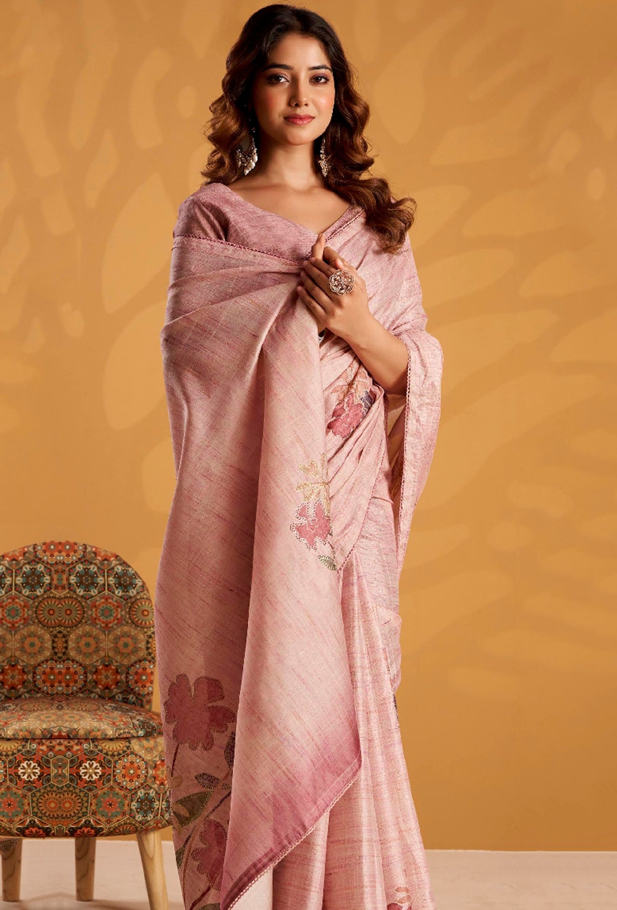 Pink Saree With  Printed With Kasheeda work