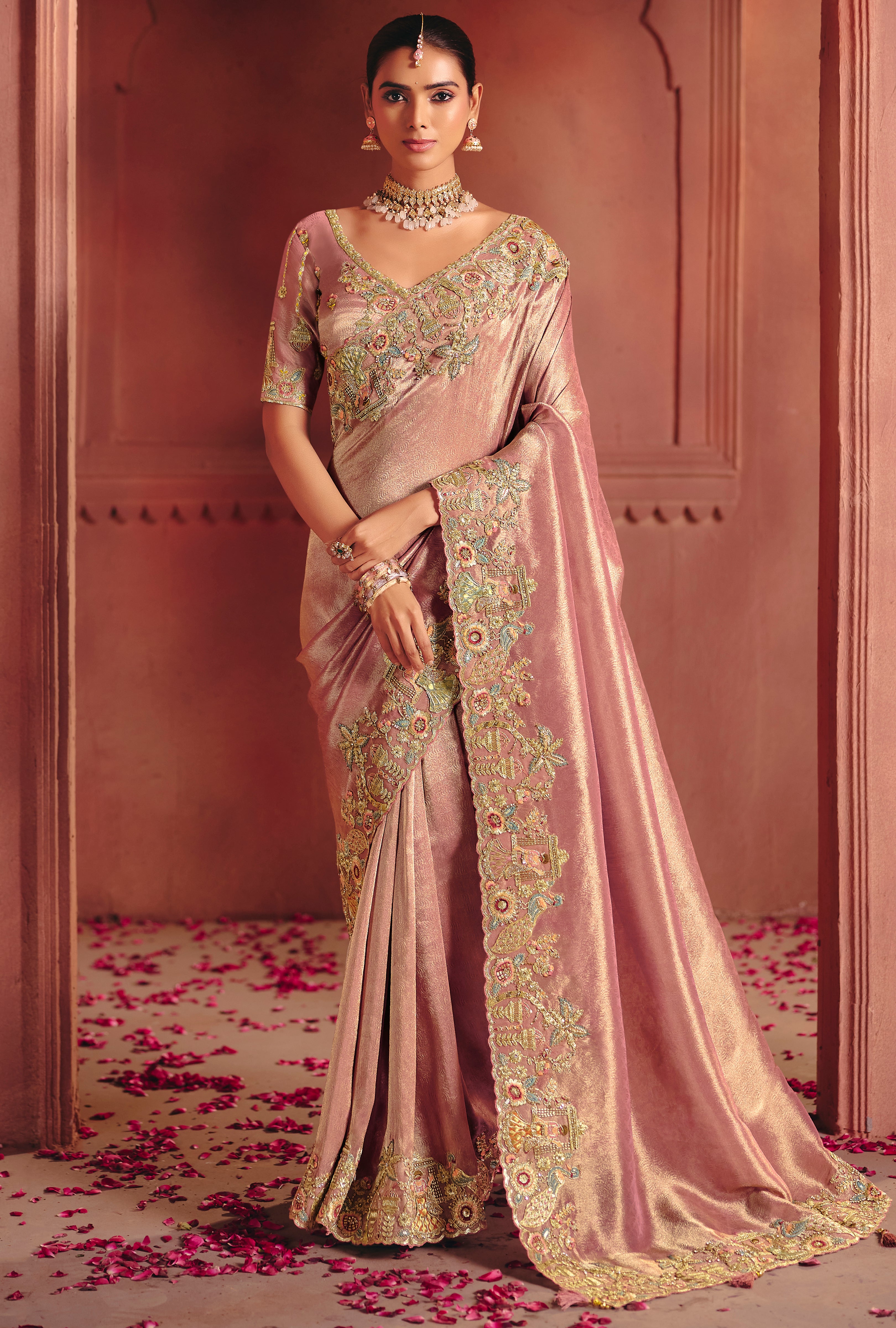 Pink Saree With  Sequin, Thread, Weaving Heavy Embroidery Work  With Heavy Embroidery Work Blouse