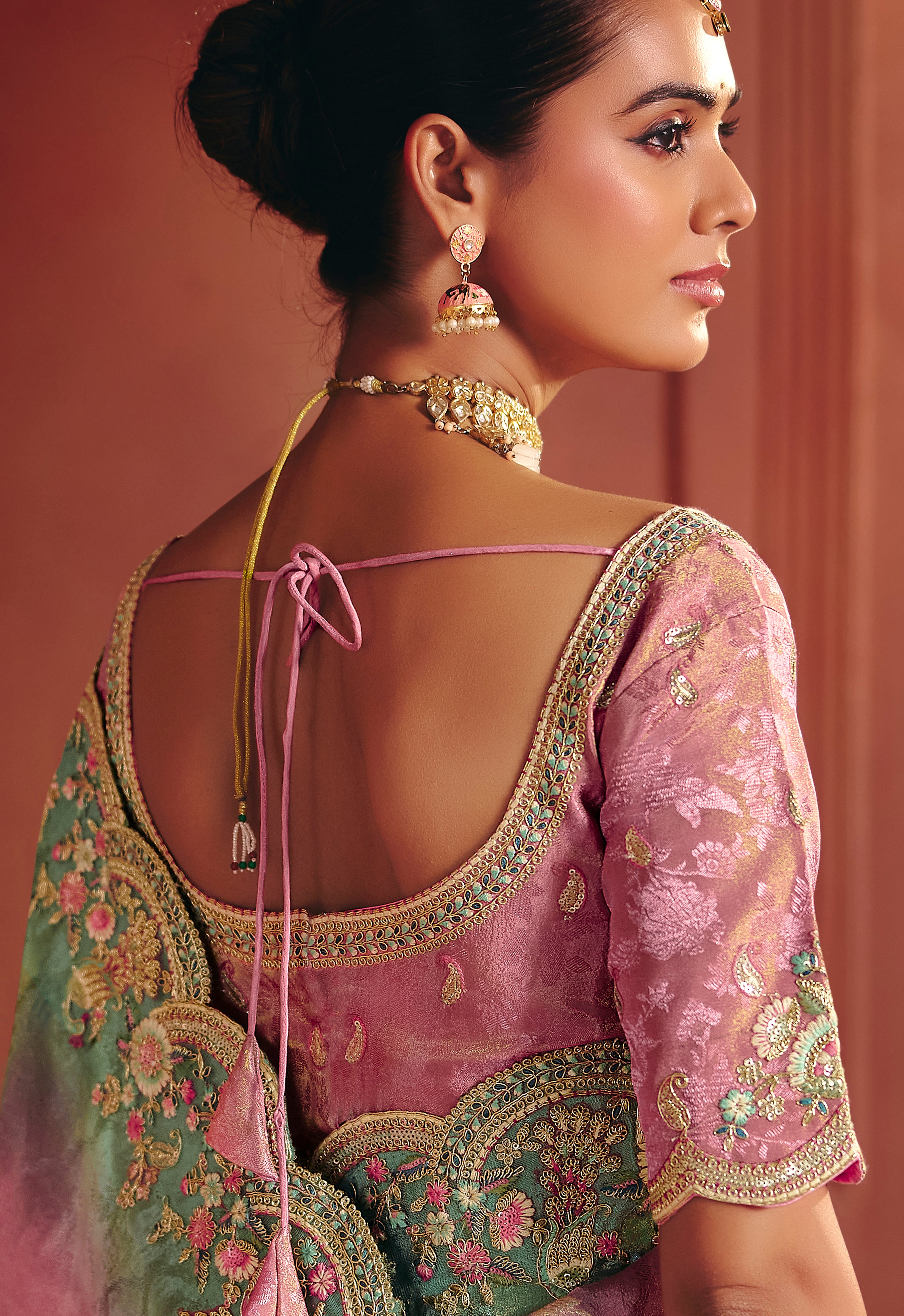 Pink Saree With  Sequin, Thread, Weaving Heavy Embroidery Work  With Heavy Embroidery Work Blouse