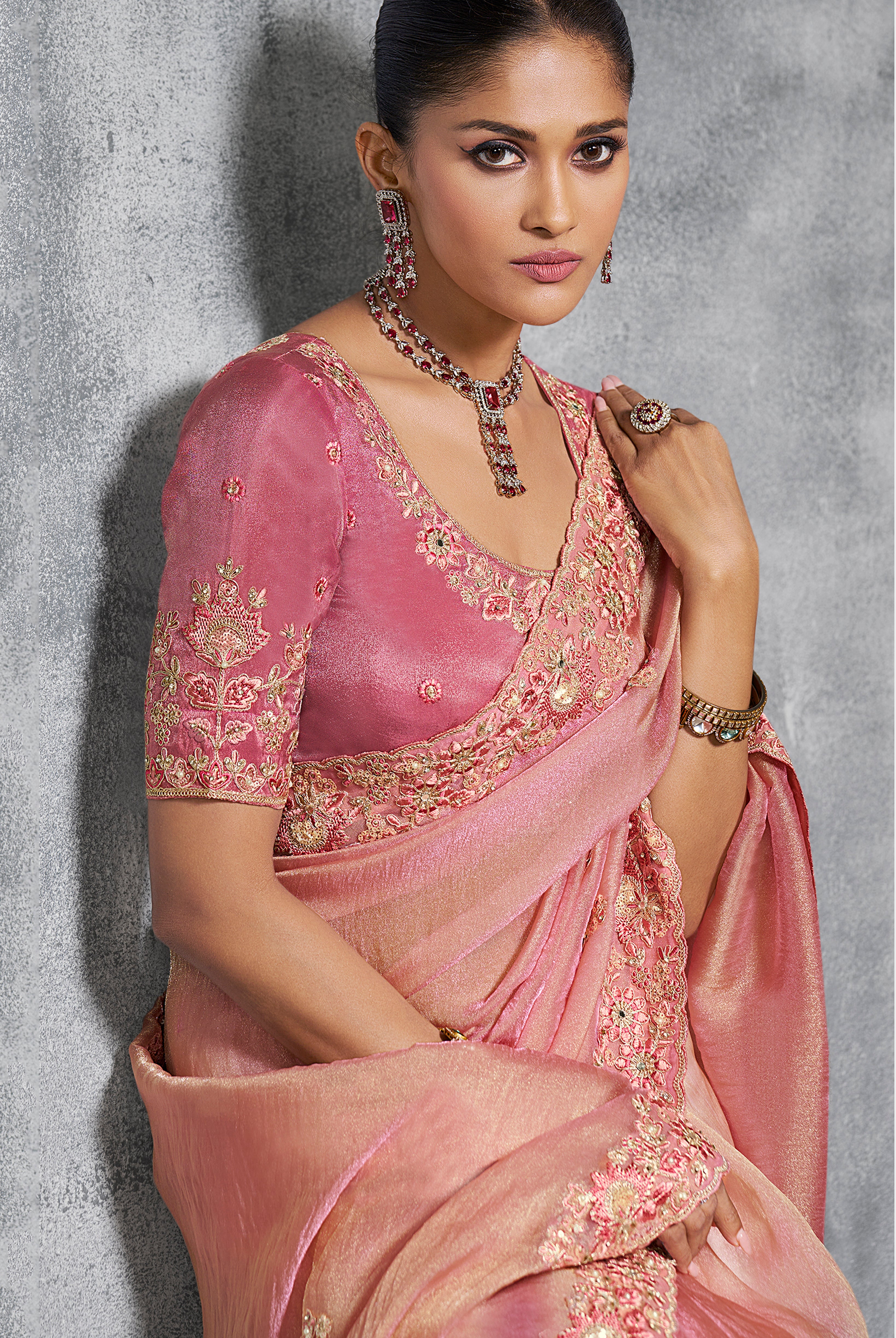 Pink Saree With  Thread Embroidery Work ,Hand-Finished Stone & Mirror work With Embroidery Blouse