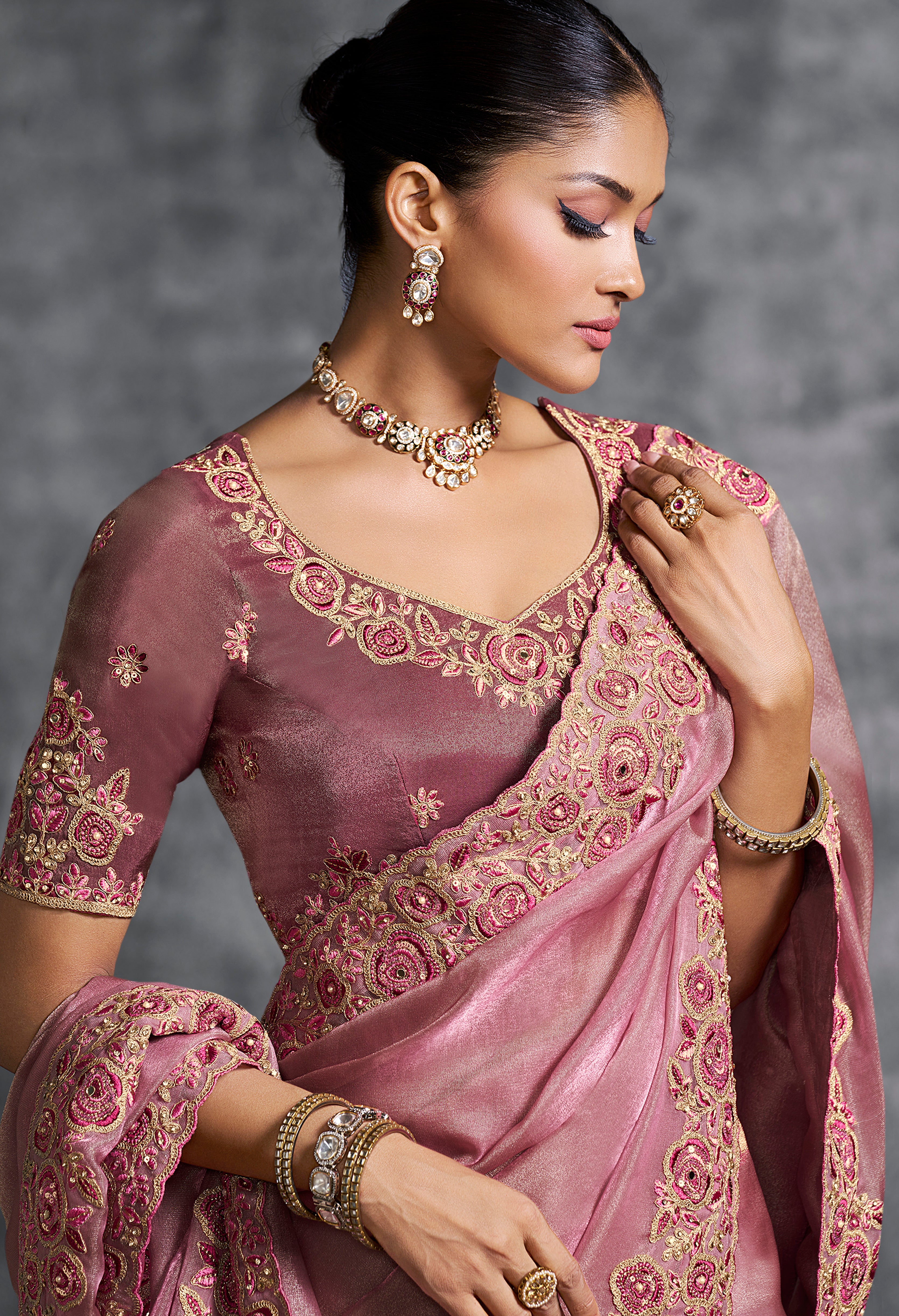 Pink Saree With  Thread Embroidery Work ,Hand-Finished Stone & Mirror work With Embroidery Blouse