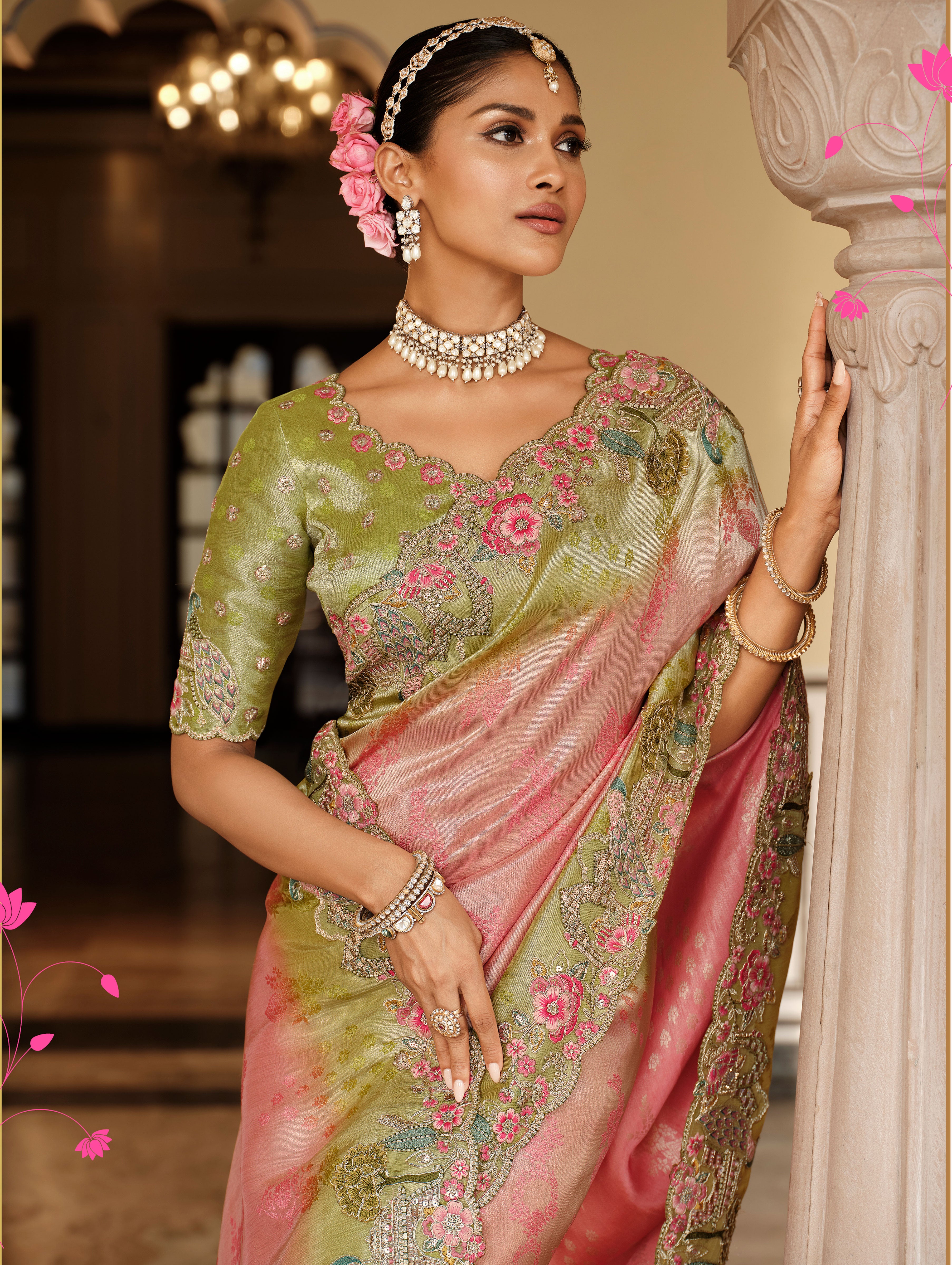 Pink Saree With  Zari weaving With Heavy Thread Embroidery With khatli work
